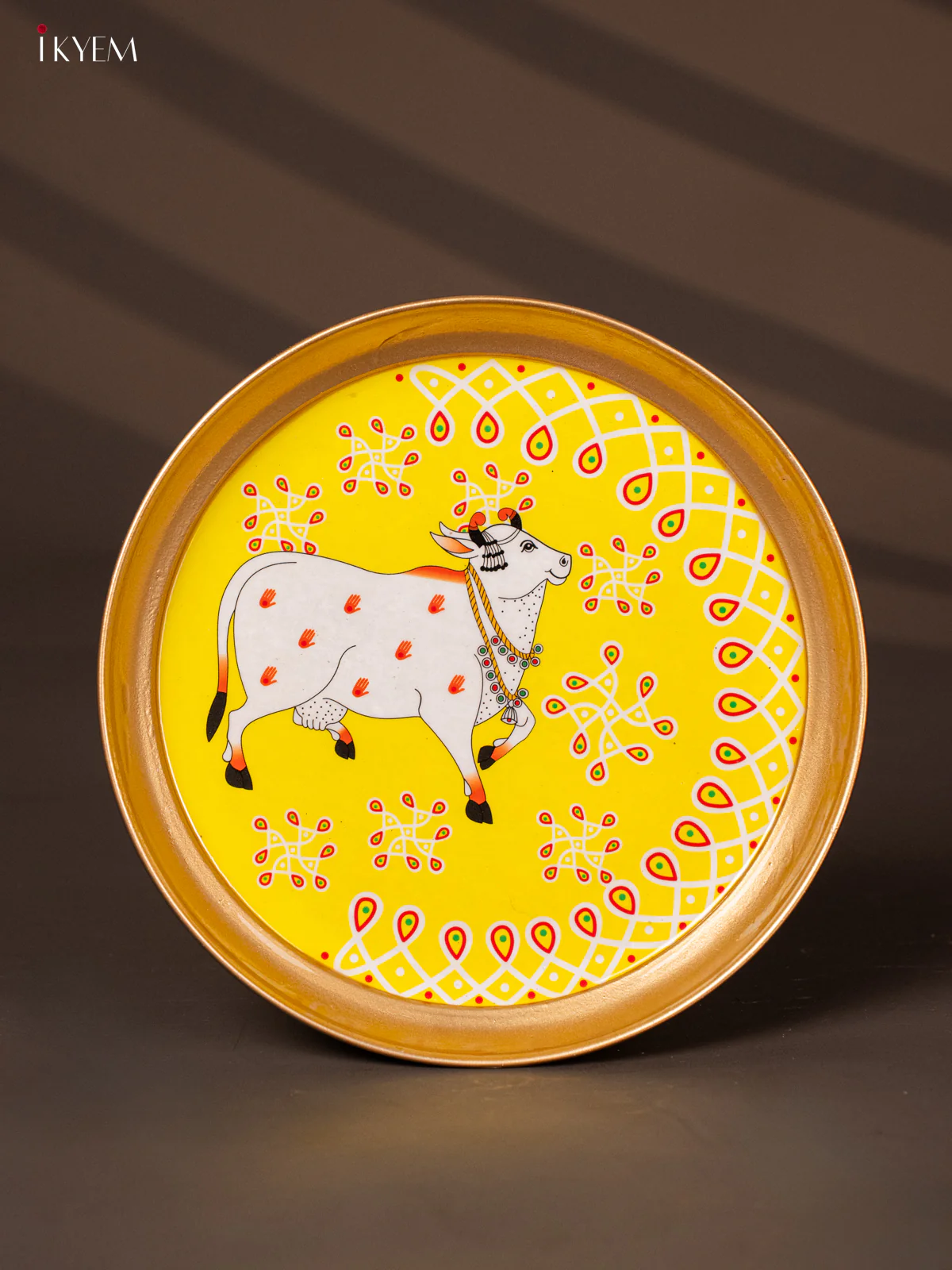 Cow & Red Kolam Printed Yellow Brass Coated  Plate -8 Inches - KG25186