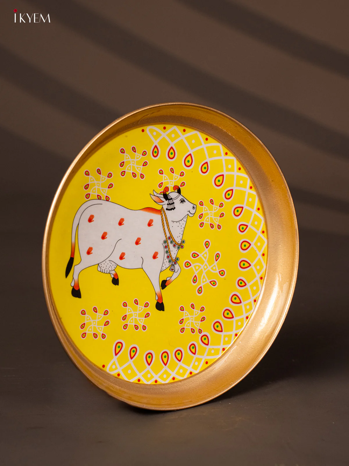 Cow & Red Kolam Printed Yellow Brass Coated  Plate -8 Inches - KG25186 - Image 2