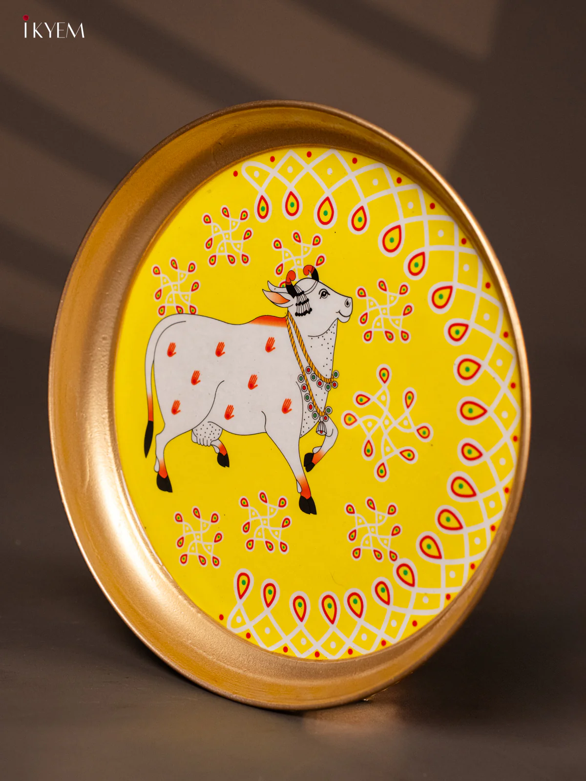 Cow & Red Kolam Printed Yellow Brass Coated  Plate -8 Inches - KG25186 - Image 3