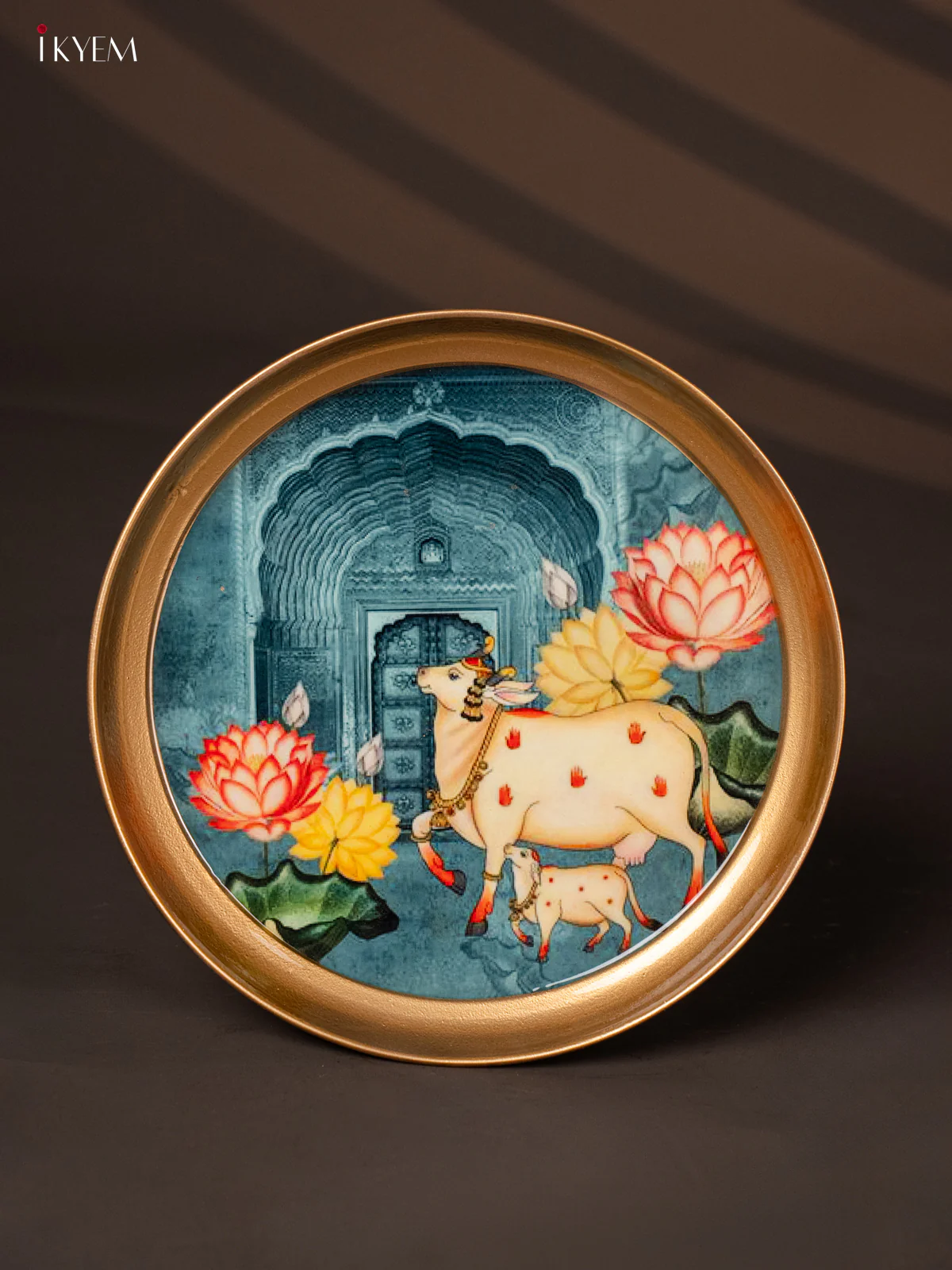 Cow & Calf Printed Teal Brass Coated Plate - 8 Inches - KG25188
