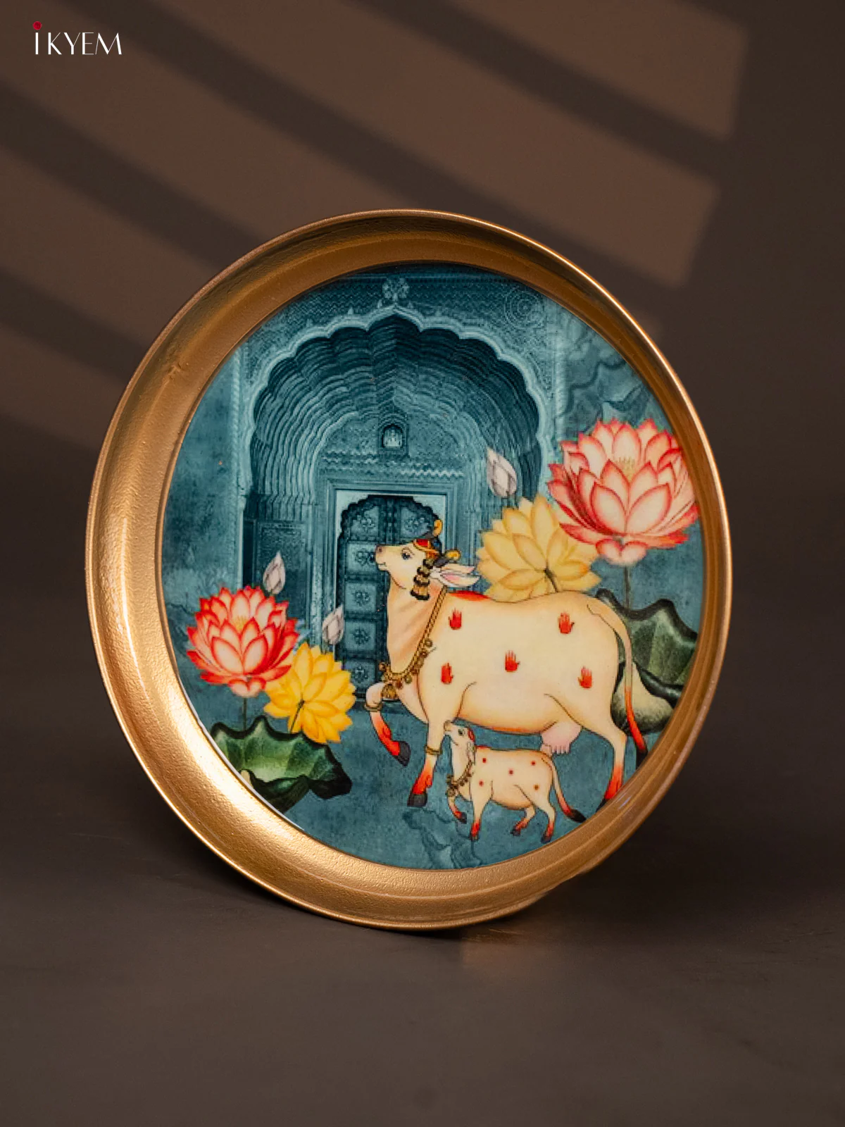 Cow & Calf Printed Teal Brass Coated Plate - 8 Inches - KG25188 - Image 3
