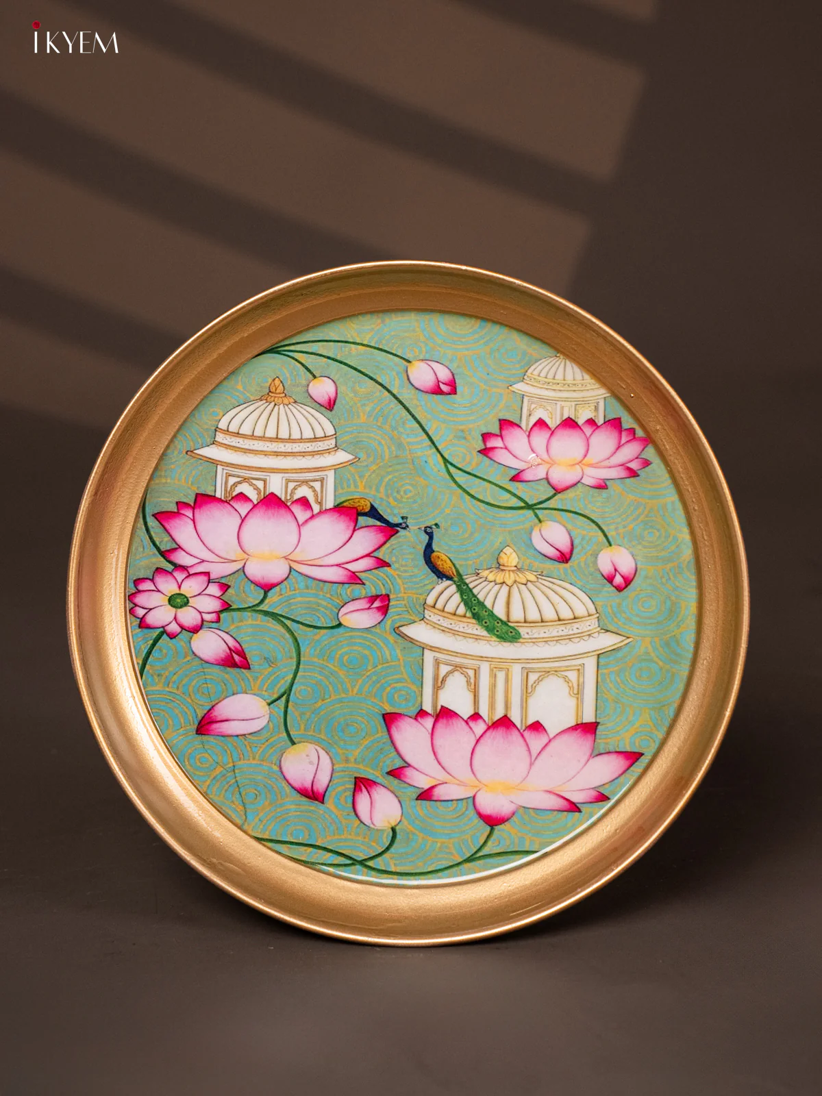Lotus Printed Green Brass Coated  Plate - 8 Inches - KG25189