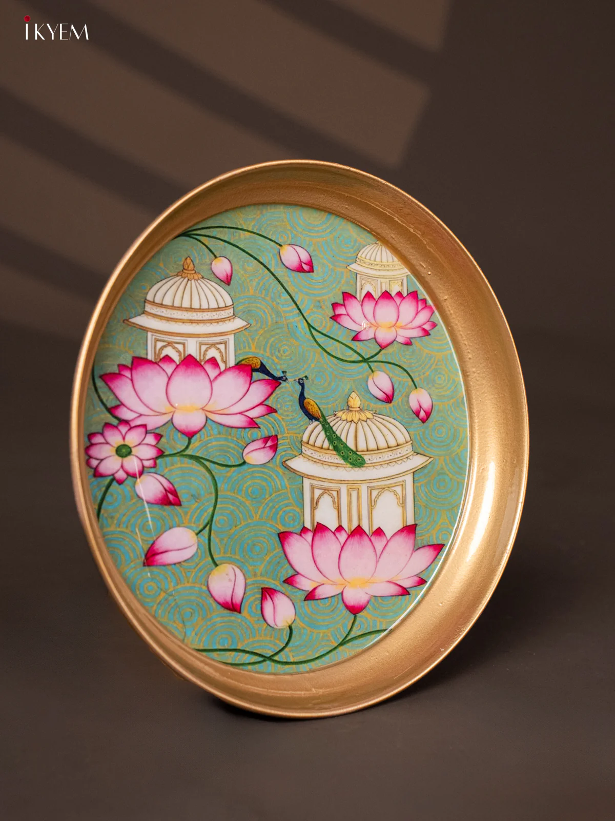 Lotus Printed Green Brass Coated  Plate - 8 Inches - KG25189 - Image 2