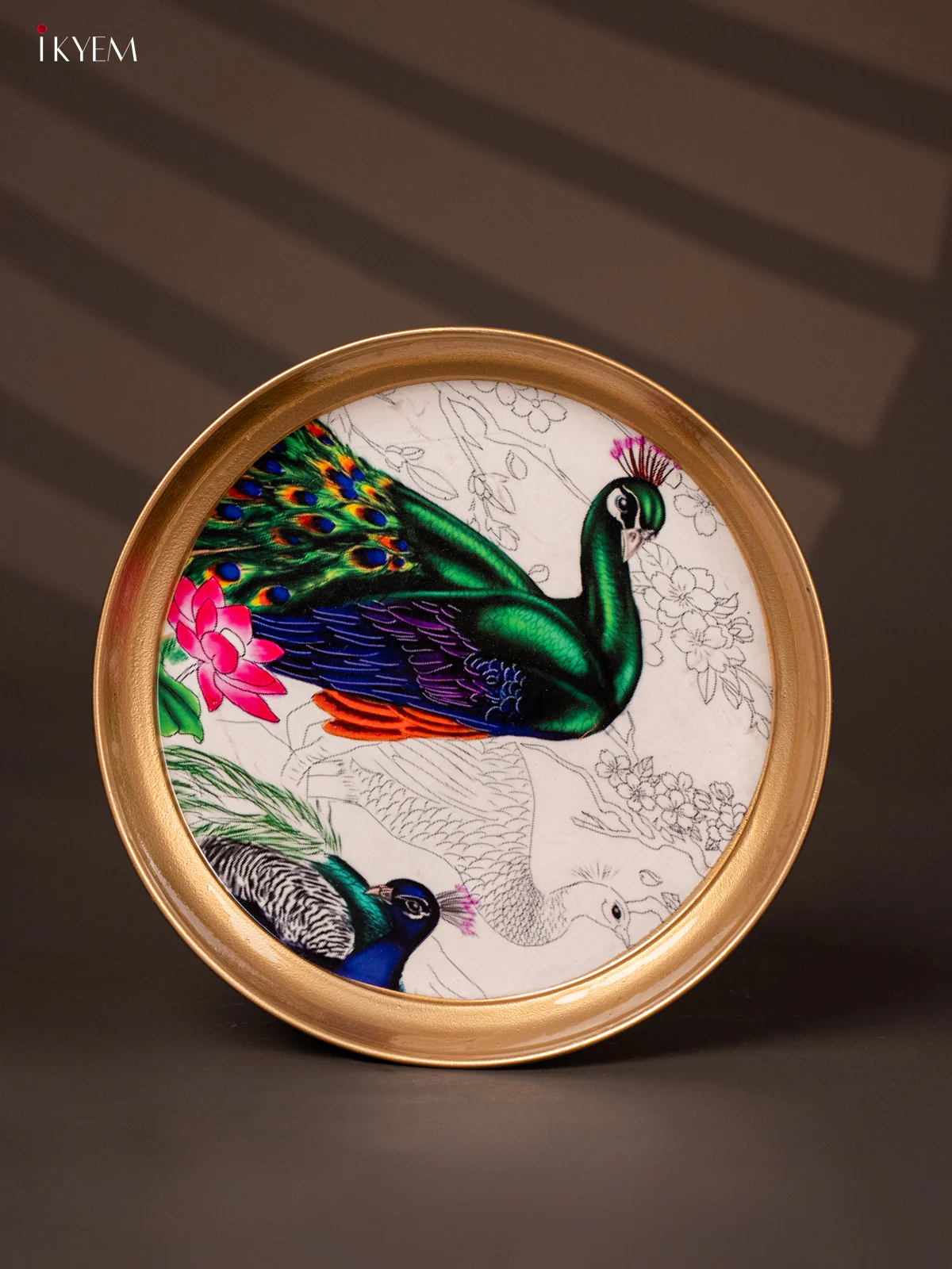 Peacock Lotus Printed Brass Coated  Plate - 8 Inches - KG25191