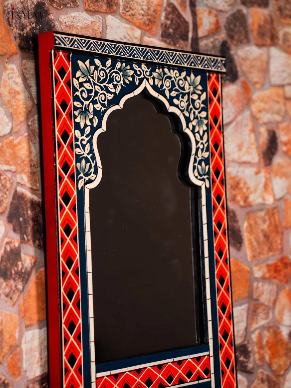 Wooden hand Painted jharokha Mirror 21 Inches - Orange & blue - KG28127 - Image 3