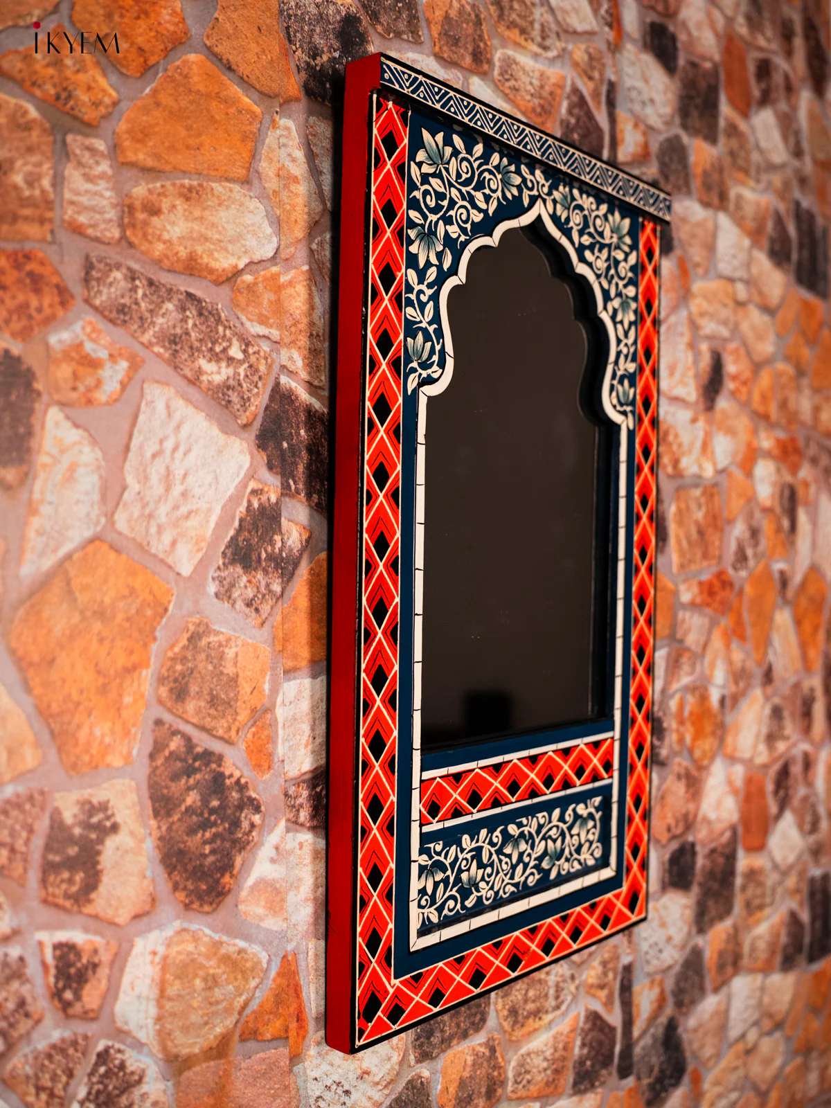 Wooden hand Painted jharokha Mirror 21 Inches - Orange & blue - KG28127 - Image 5