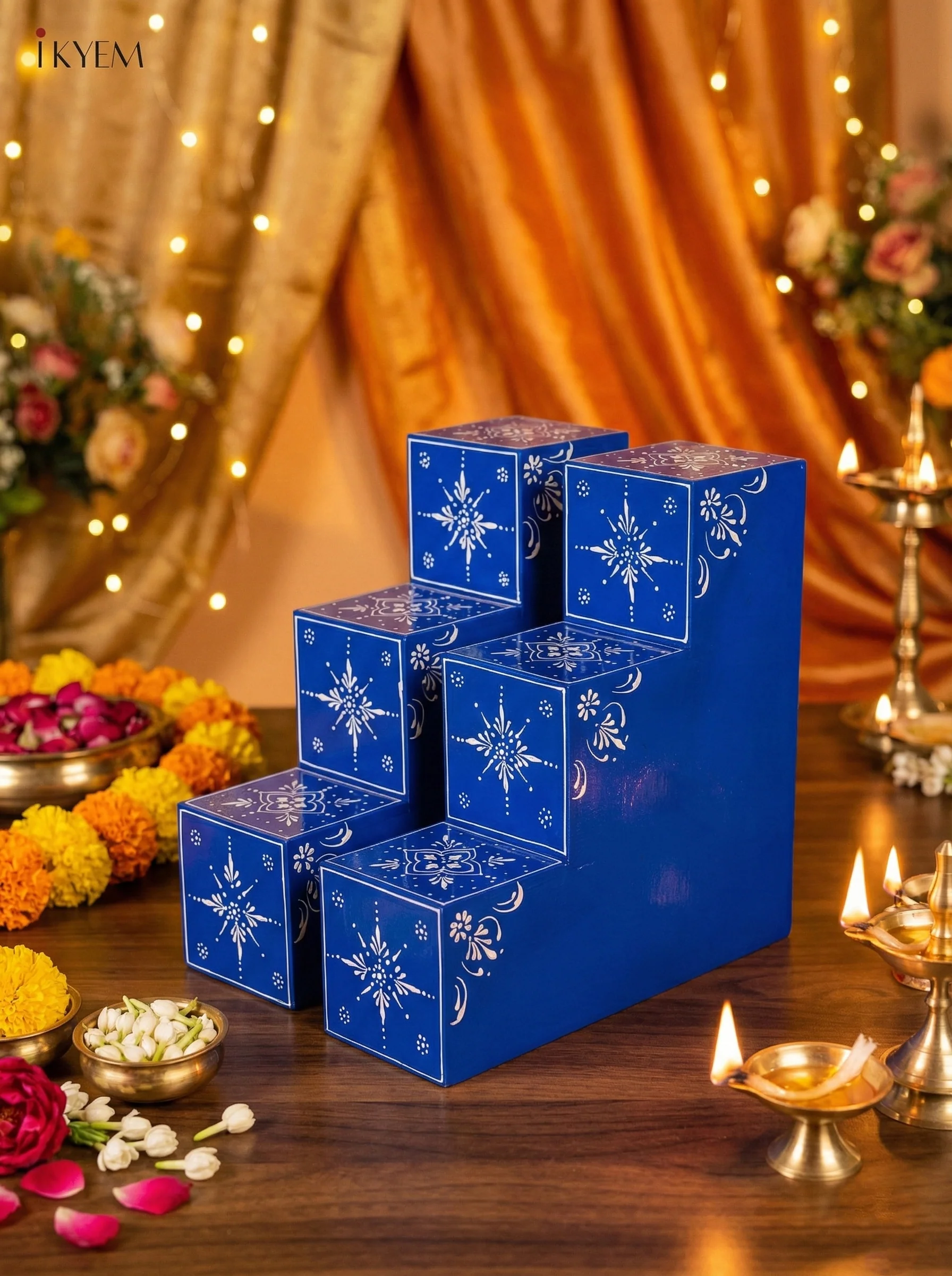 Wooden Hand-Painted 3-Step Diya Padi (Set of 2) - Blue - 12 Inches - KG28135