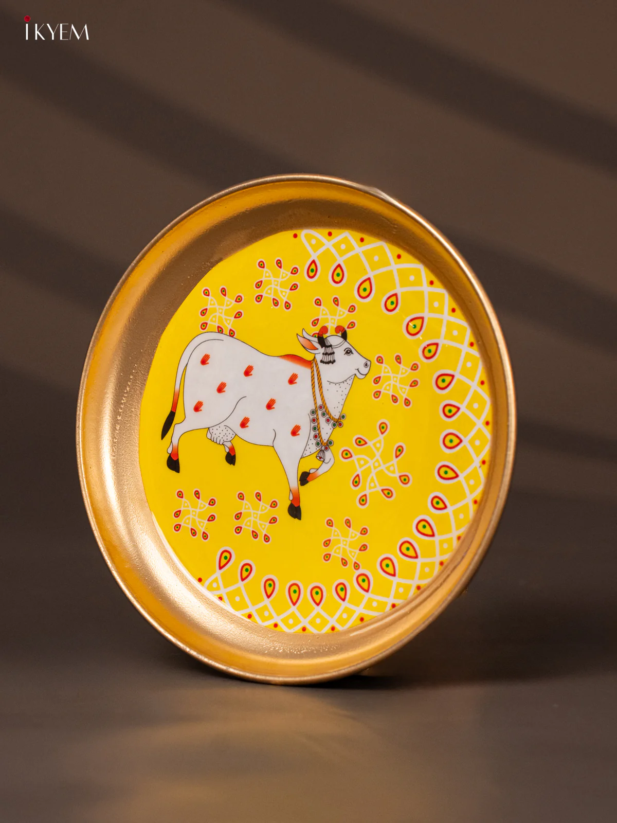 Cow & Red Kolam Printed Yellow Brass Coated Plate - 6 Inches - KG29114 - Image 3
