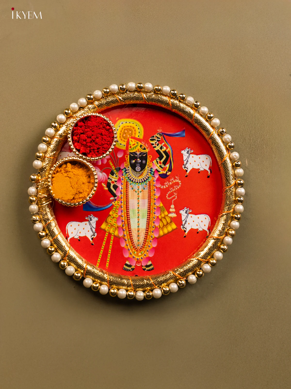 Haldi & kum kum holder - srinath ji with cow red -  KG31125