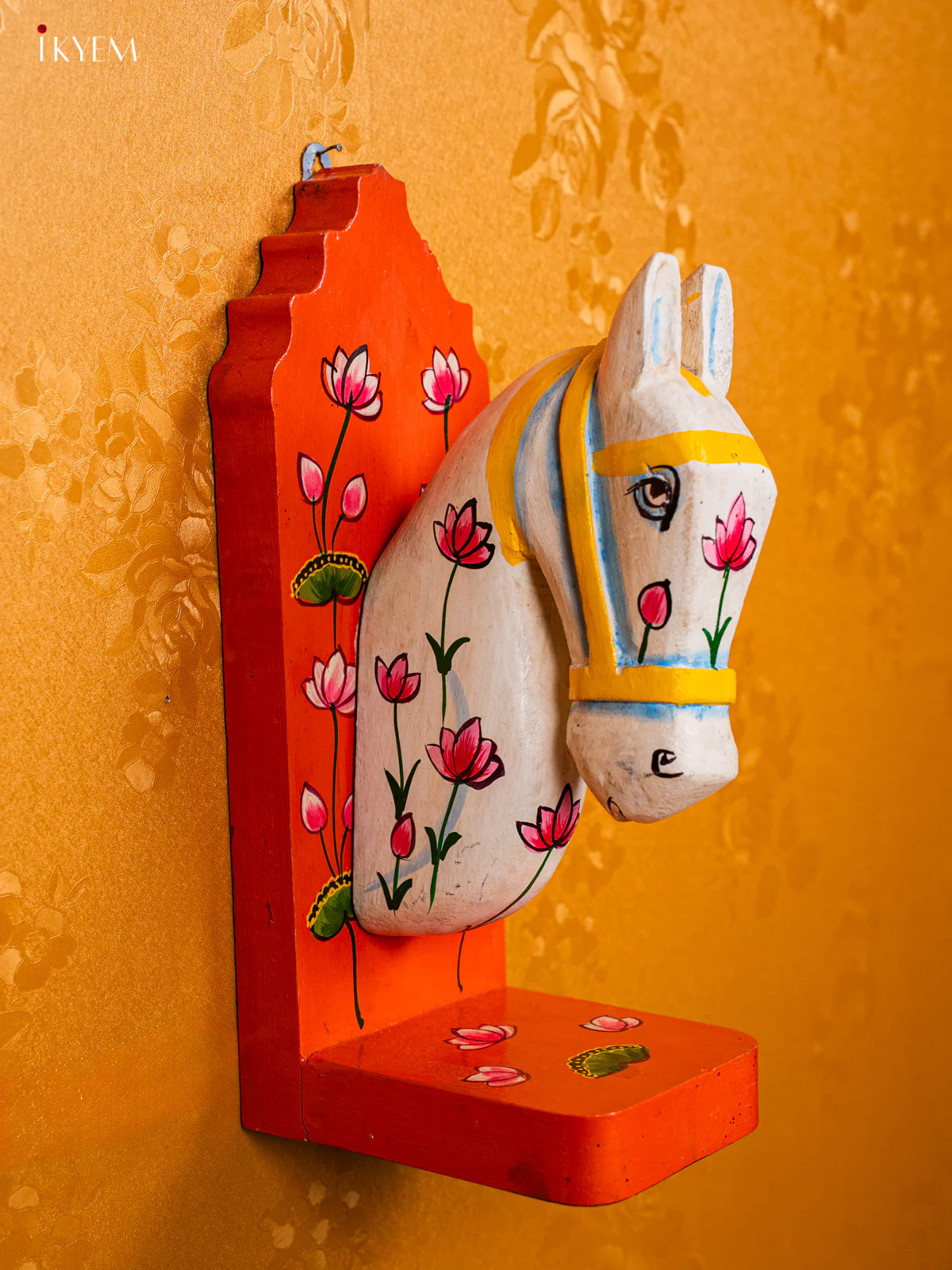 Wooden Hand Carved Painted Horse Wall Hanging With Lotus - Orange - Image 2