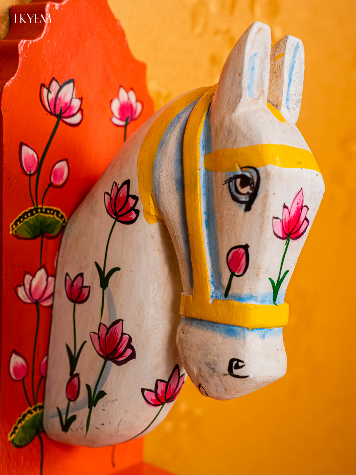Wooden Hand Carved Painted Horse Wall Hanging With Lotus - Orange - Image 3