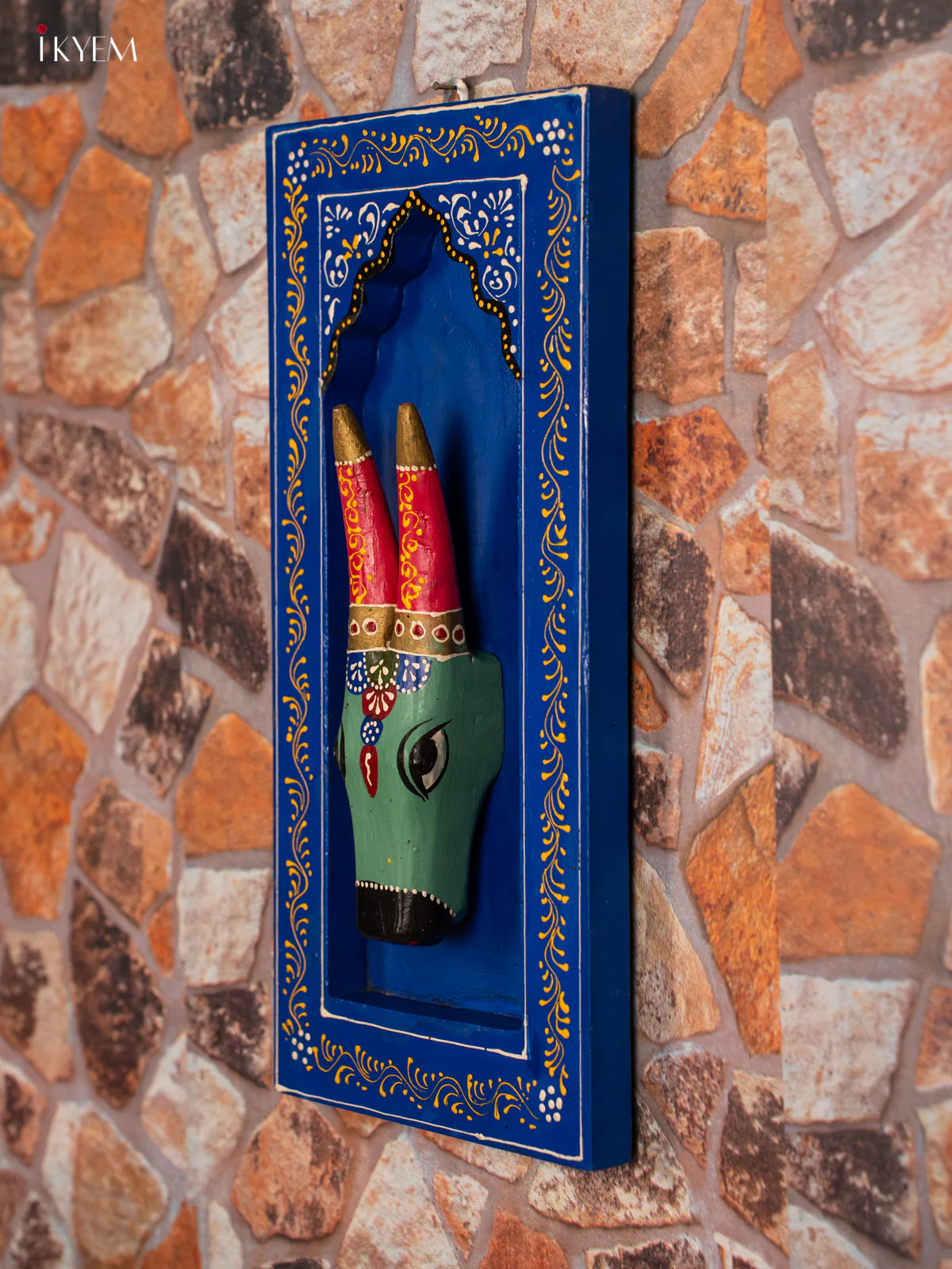 Vibrant Hand Carved Cow Wooden Wall Hanging Frame Painted in Blue - KG31146 - Image 4