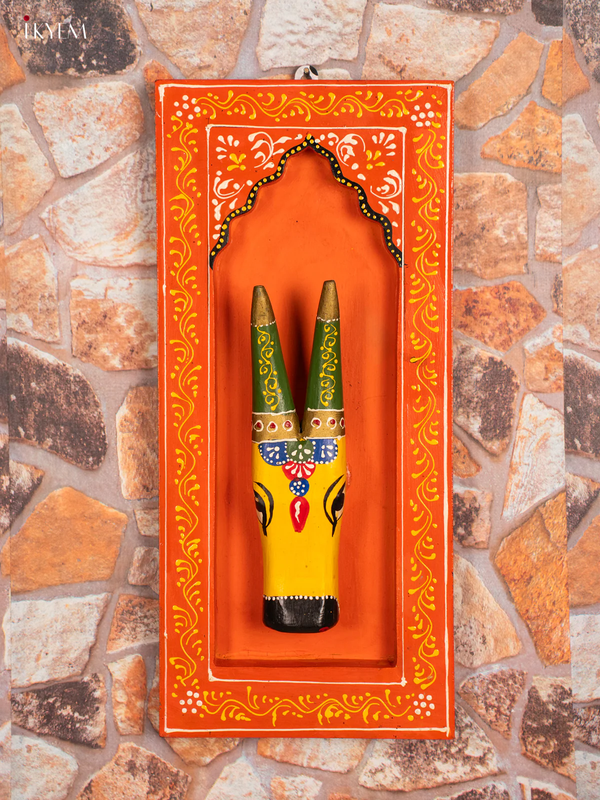 Wooden Hand Carved Painted Cow Wall Hanging Frame - Orange - 15 Inches - KG31147