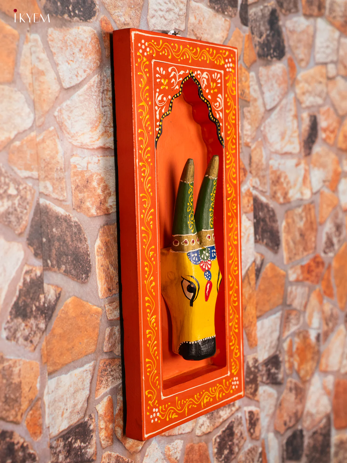 Wooden Hand Carved Painted Cow Wall Hanging Frame - Orange - 15 Inches - KG31147 - Image 2