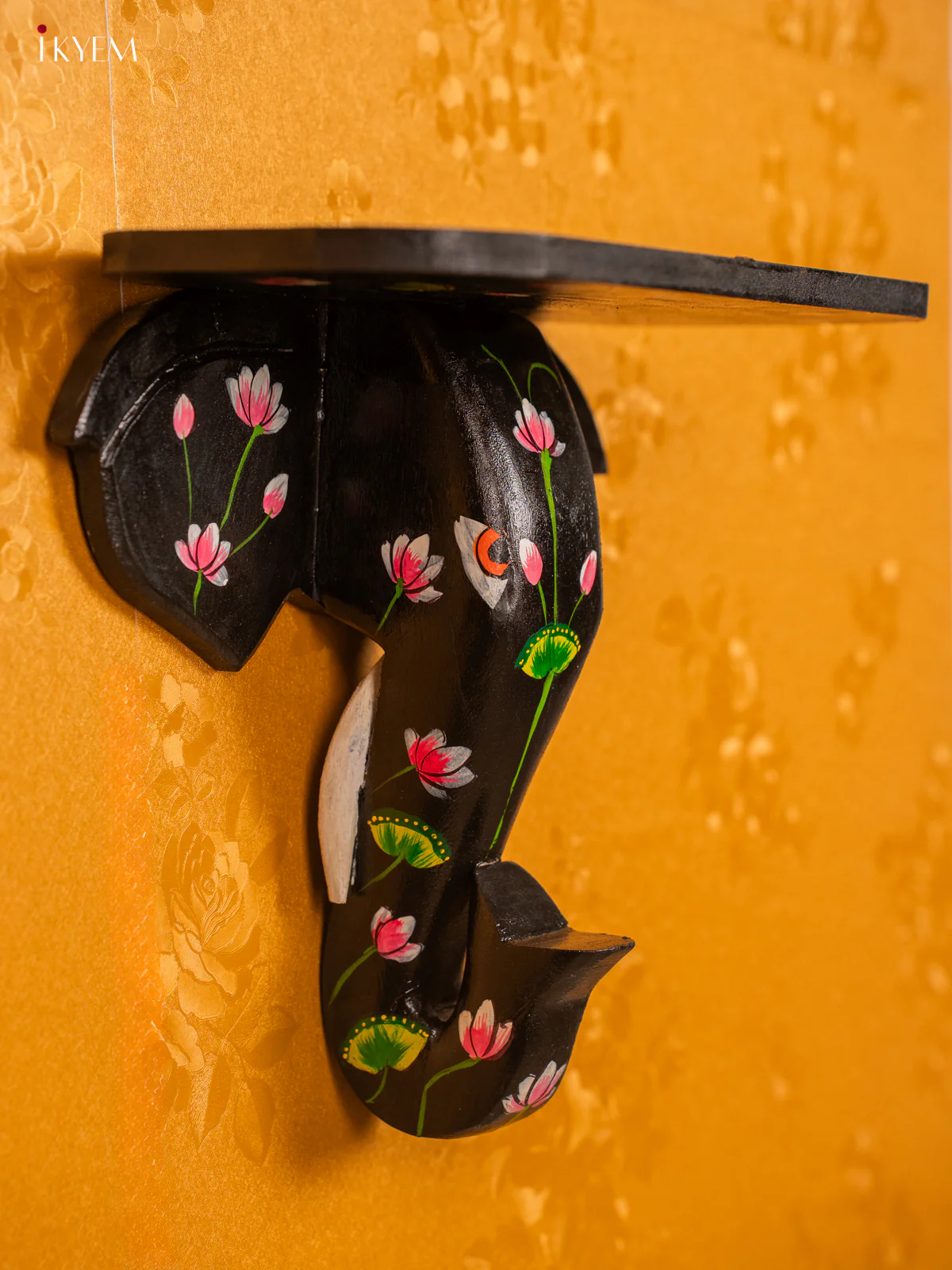 Wooden Hand Painted Elephant Head Wall Shelf with Lotus - Voilet - 12 Inches - KG31151 - Image 2