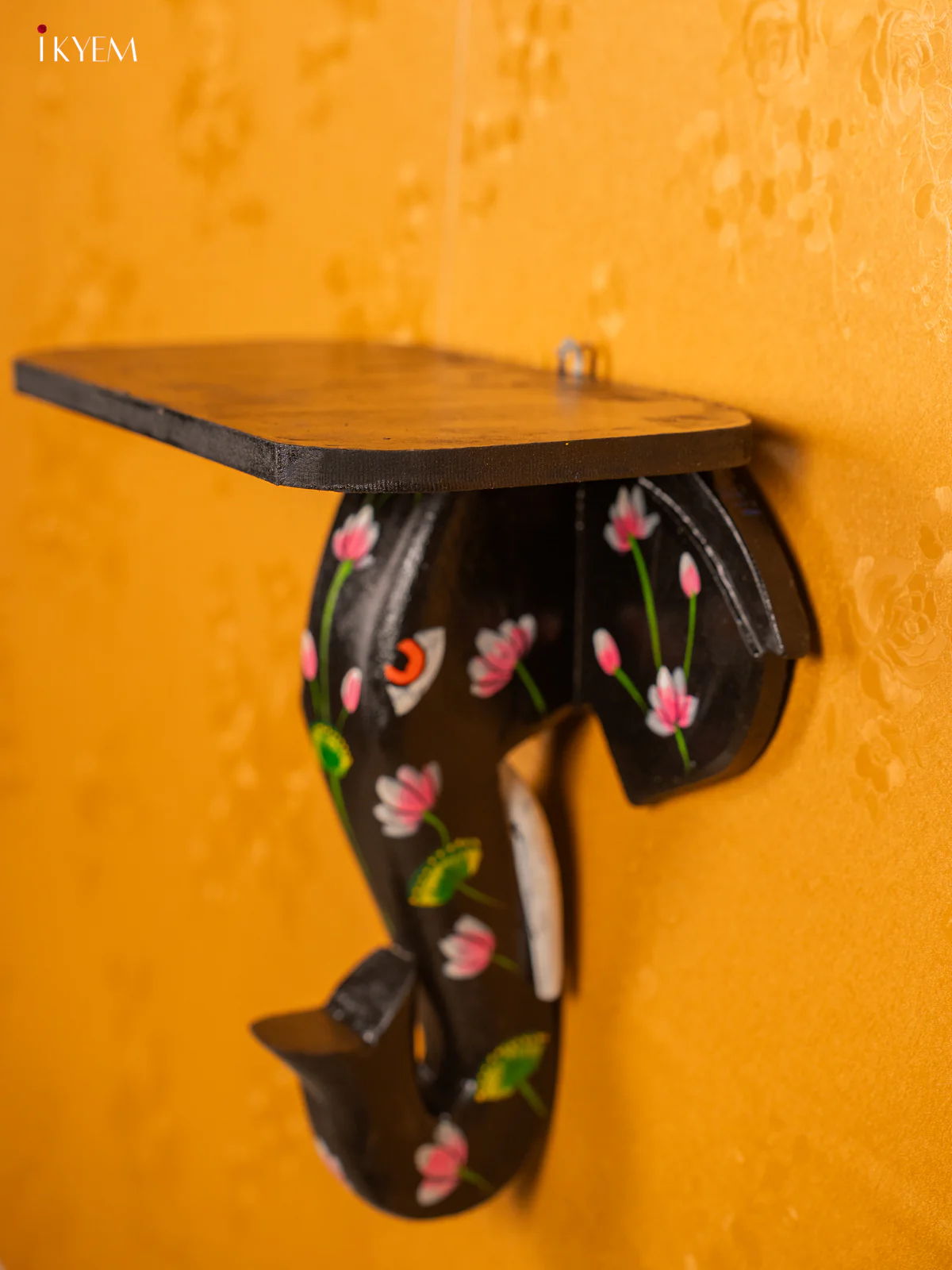 Wooden Hand Painted Elephant Head Wall Shelf with Lotus - Voilet - 12 Inches - KG31151 - Image 3