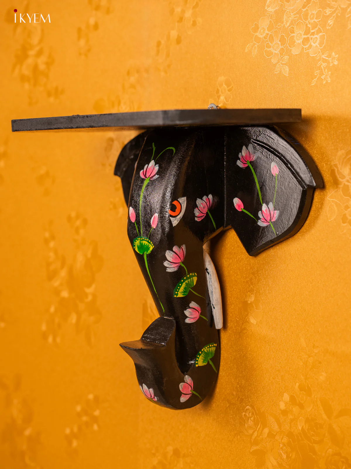 Wooden Hand Painted Elephant Head Wall Shelf with Lotus - Voilet - 12 Inches - KG31151 - Image 4