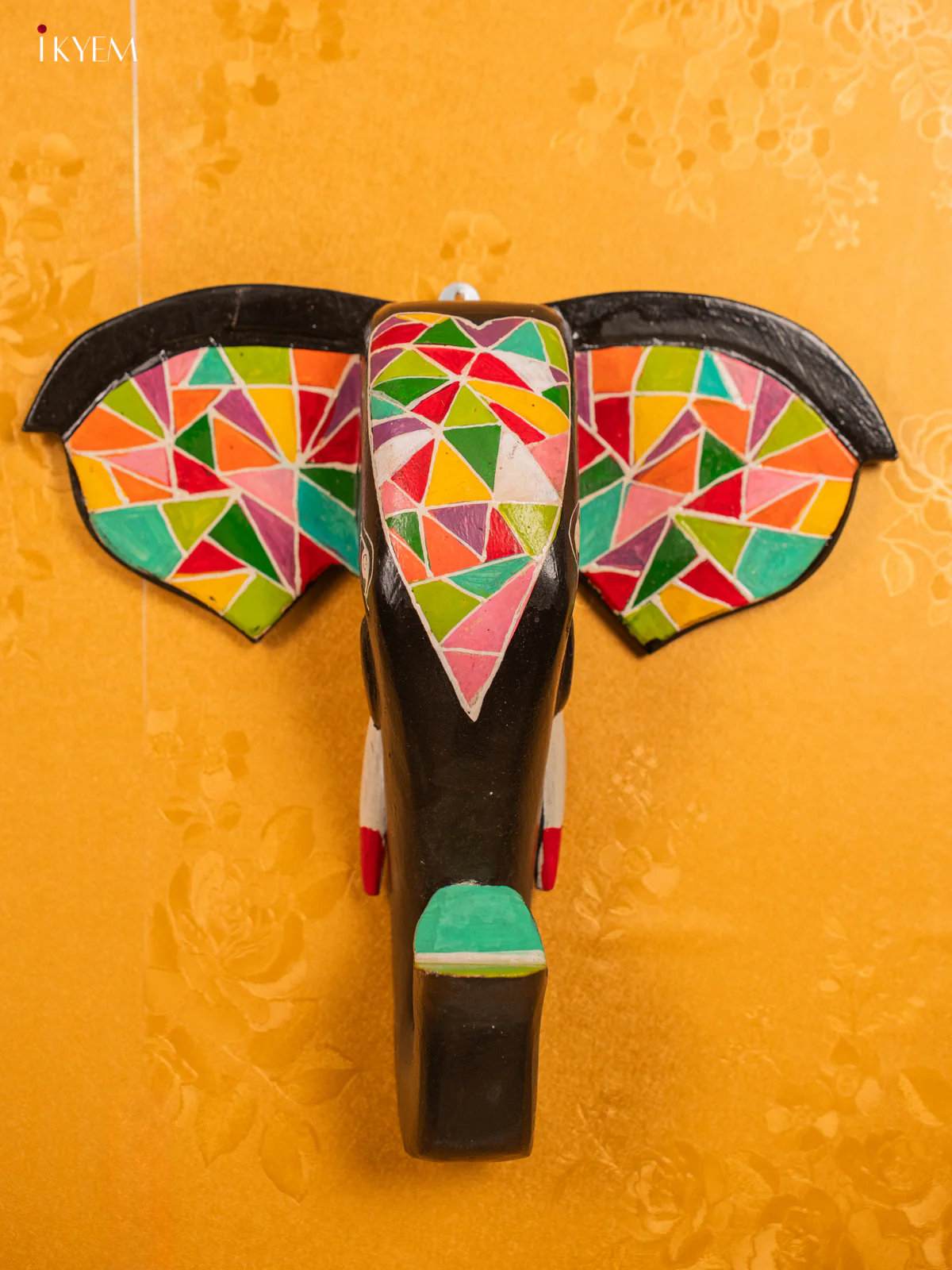 Mystique Hand Painted Elephant Head Design Wooden Wall Hanging in Black - KG31152