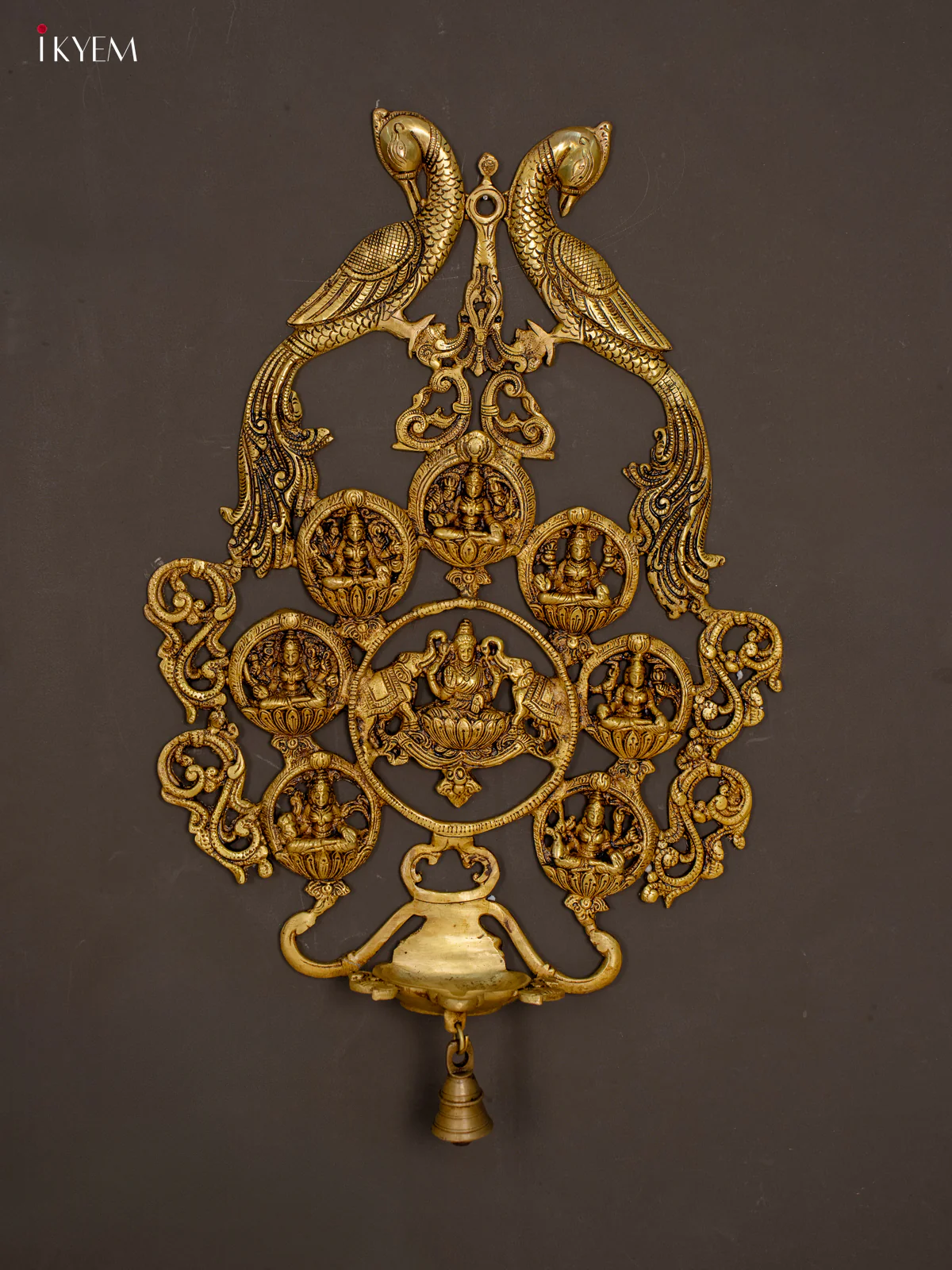 Brass Ashtalakshmi & Peacock Wall Hanging Diya with Bell - KH01115
