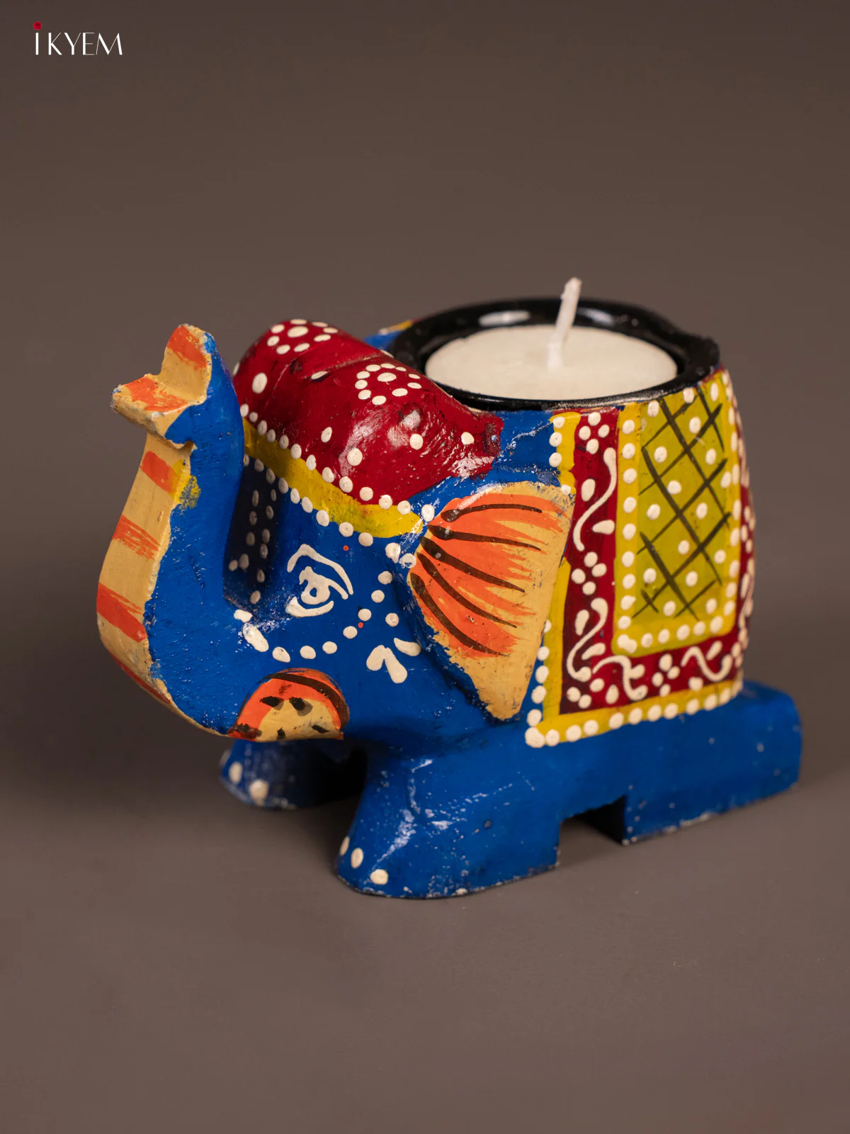 Wooden Elephant Candle Holder - Blue & Marron