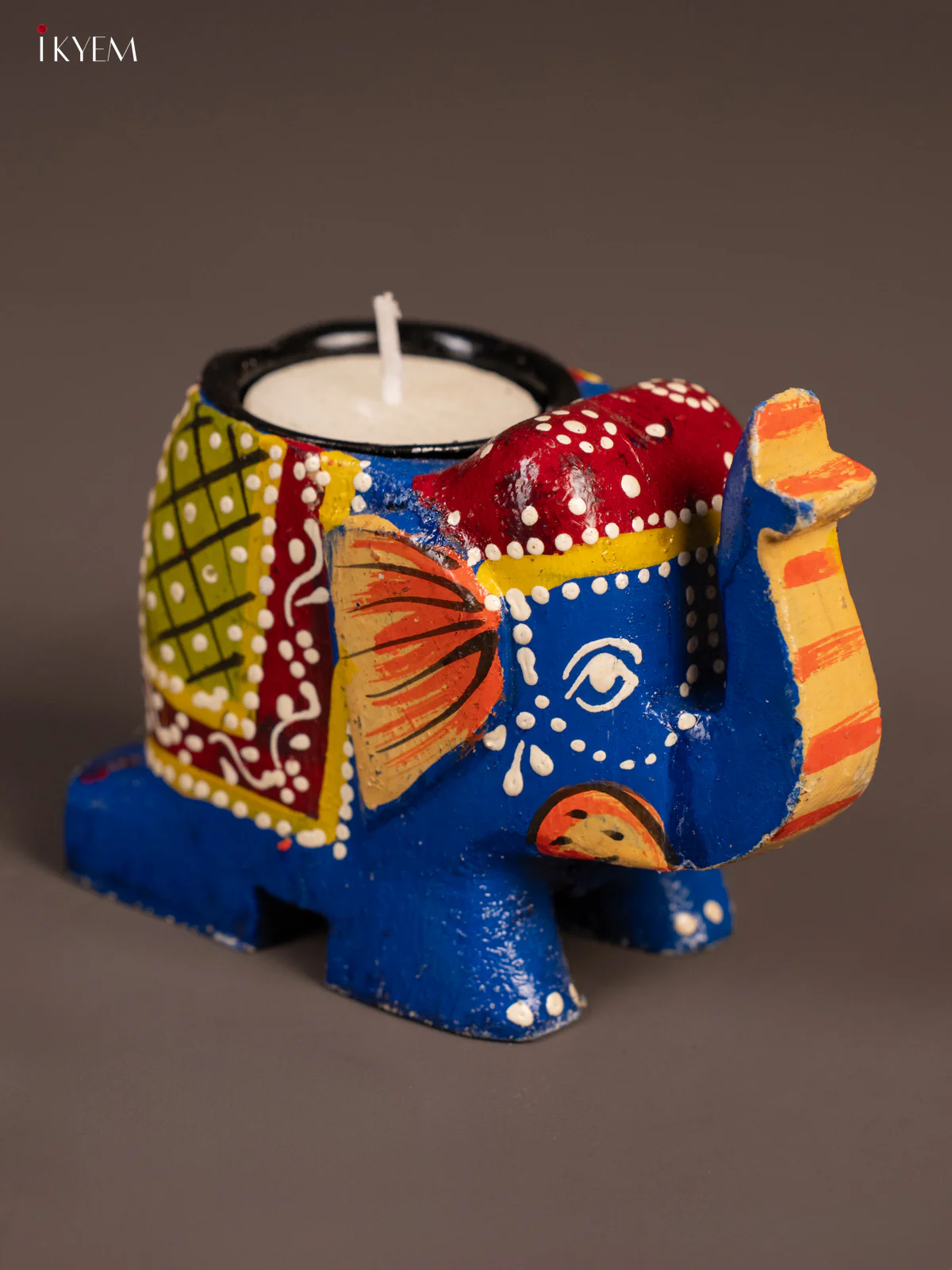 Wooden Elephant Candle Holder - Blue & Marron - Image 3