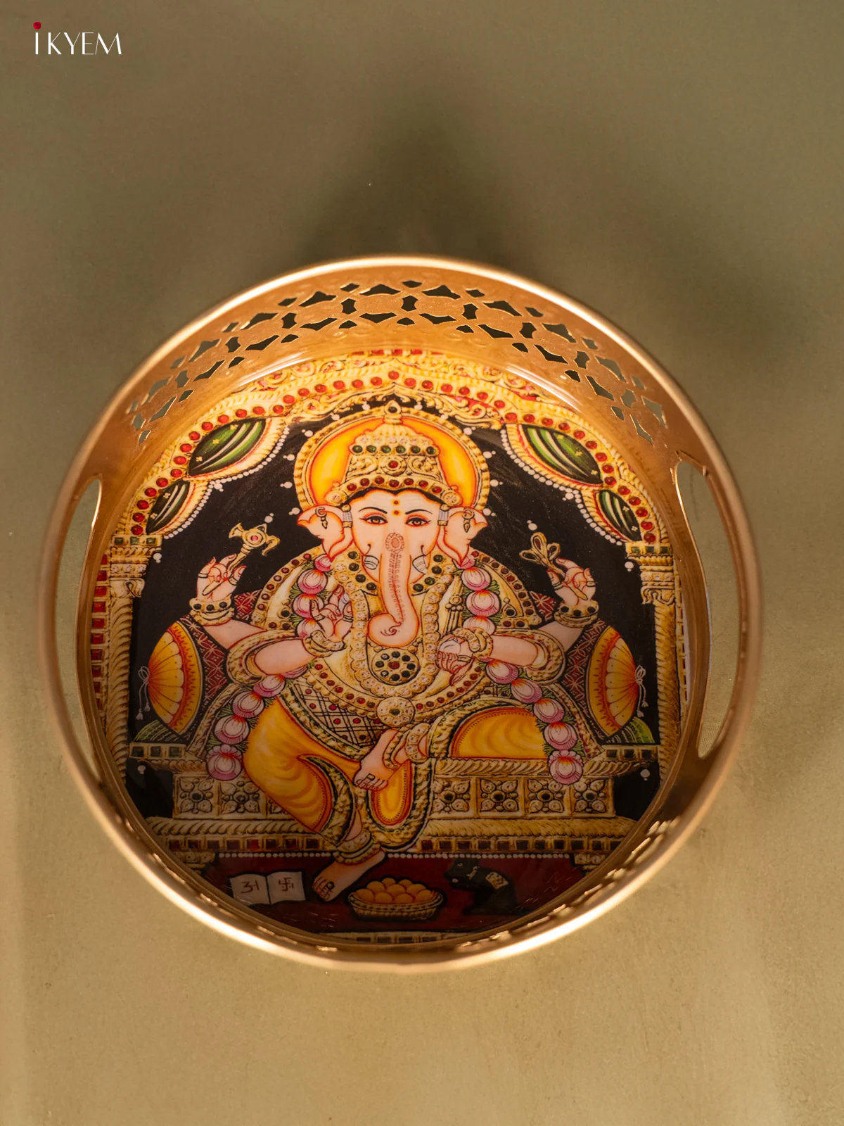 Metal Digital Tray- Ganesha Yellow With Green - 6 Inches - KH05164