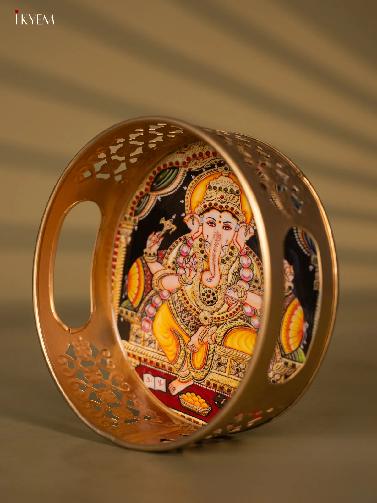 Metal Digital Tray- Ganesha Yellow With Green - 6 Inches - KH05164 - Image 4