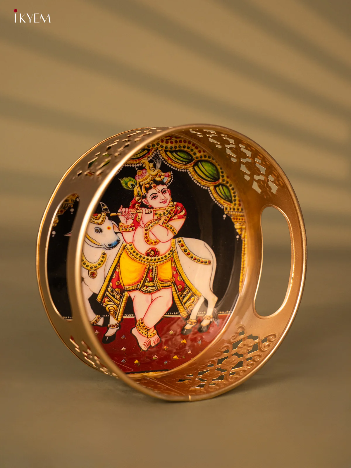 Metal  Digital Tray- Krishna With Cow - 6 Inches - KH05180 - Image 2