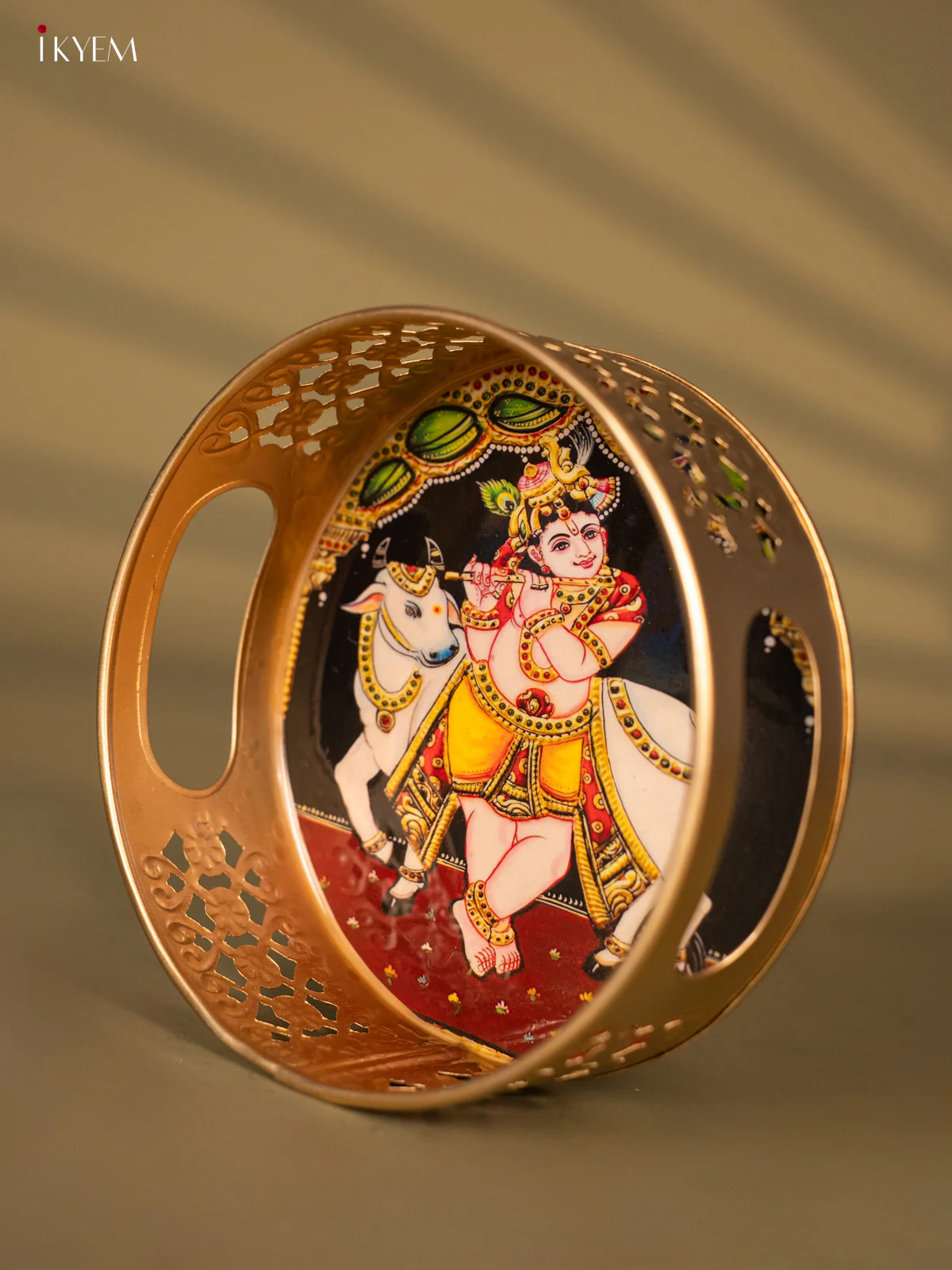 Metal  Digital Tray- Krishna With Cow - 6 Inches - KH05180 - Image 3