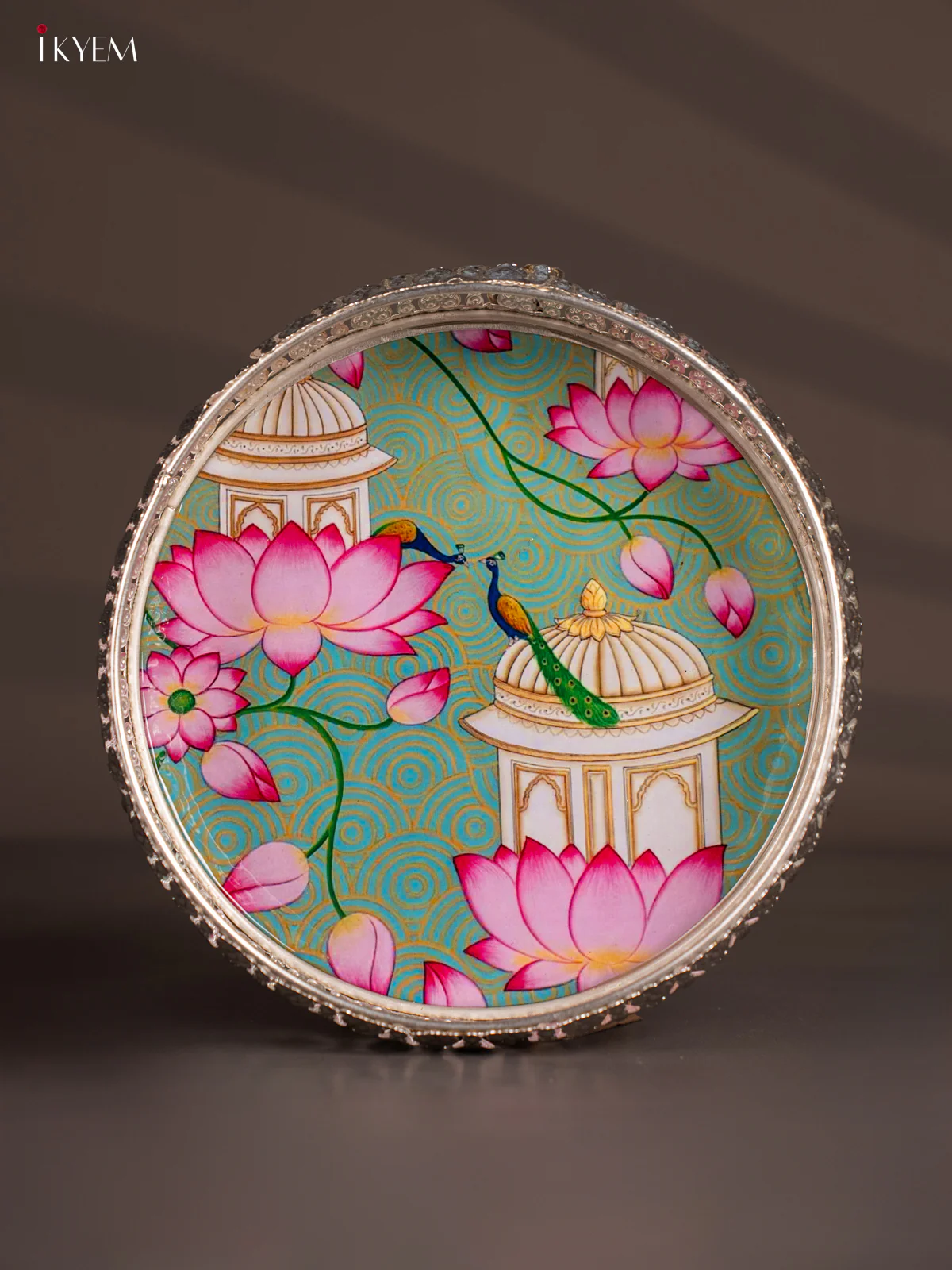 Lotus & Peacock Digital Printed German Silver Tray - 8 Inch - KH07193