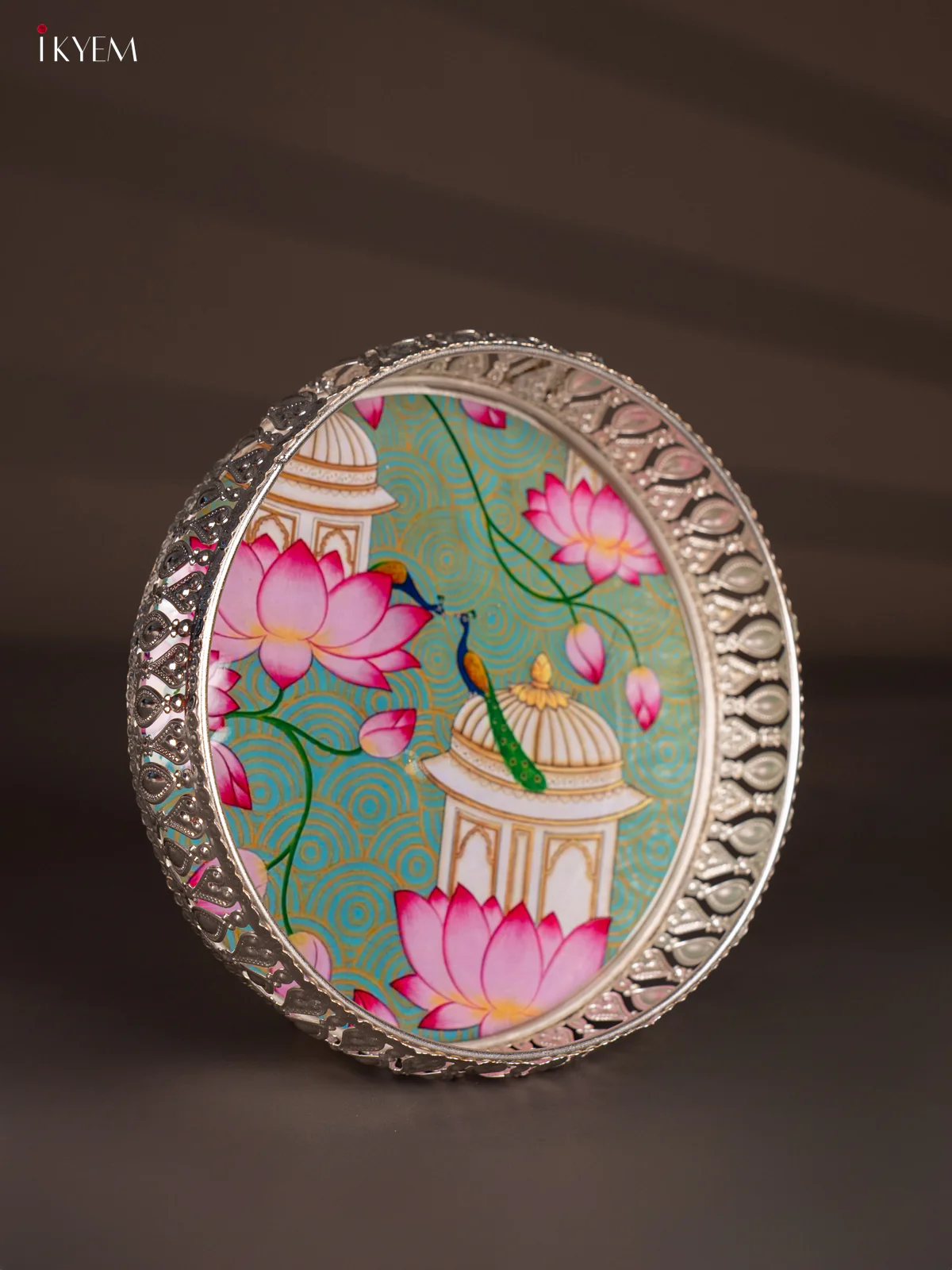 Lotus & Peacock Digital Printed German Silver Tray - 8 Inch - KH07193 - Image 2