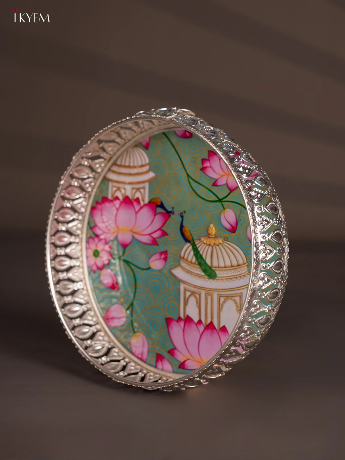 Lotus & Peacock Digital Printed German Silver Tray - 8 Inch - KH07193 - Image 3