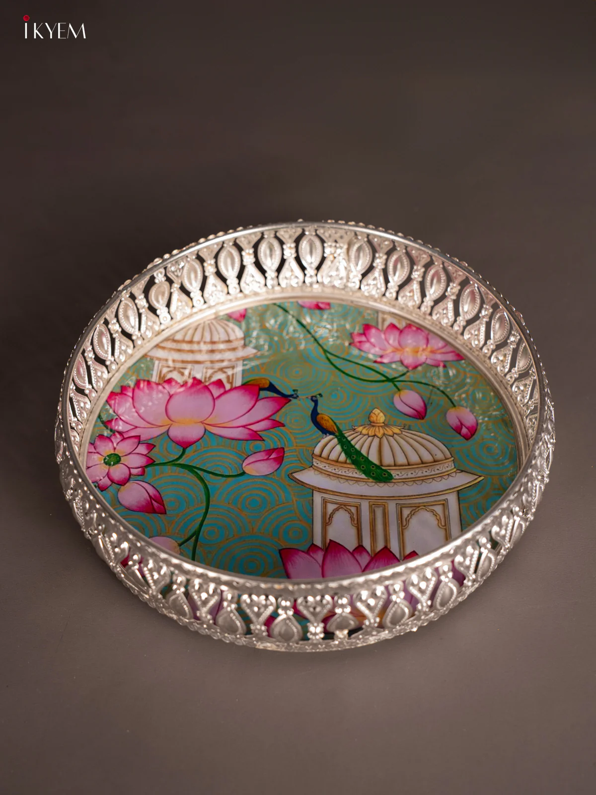 Lotus & Peacock Digital Printed German Silver Tray - 8 Inch - KH07193 - Image 4