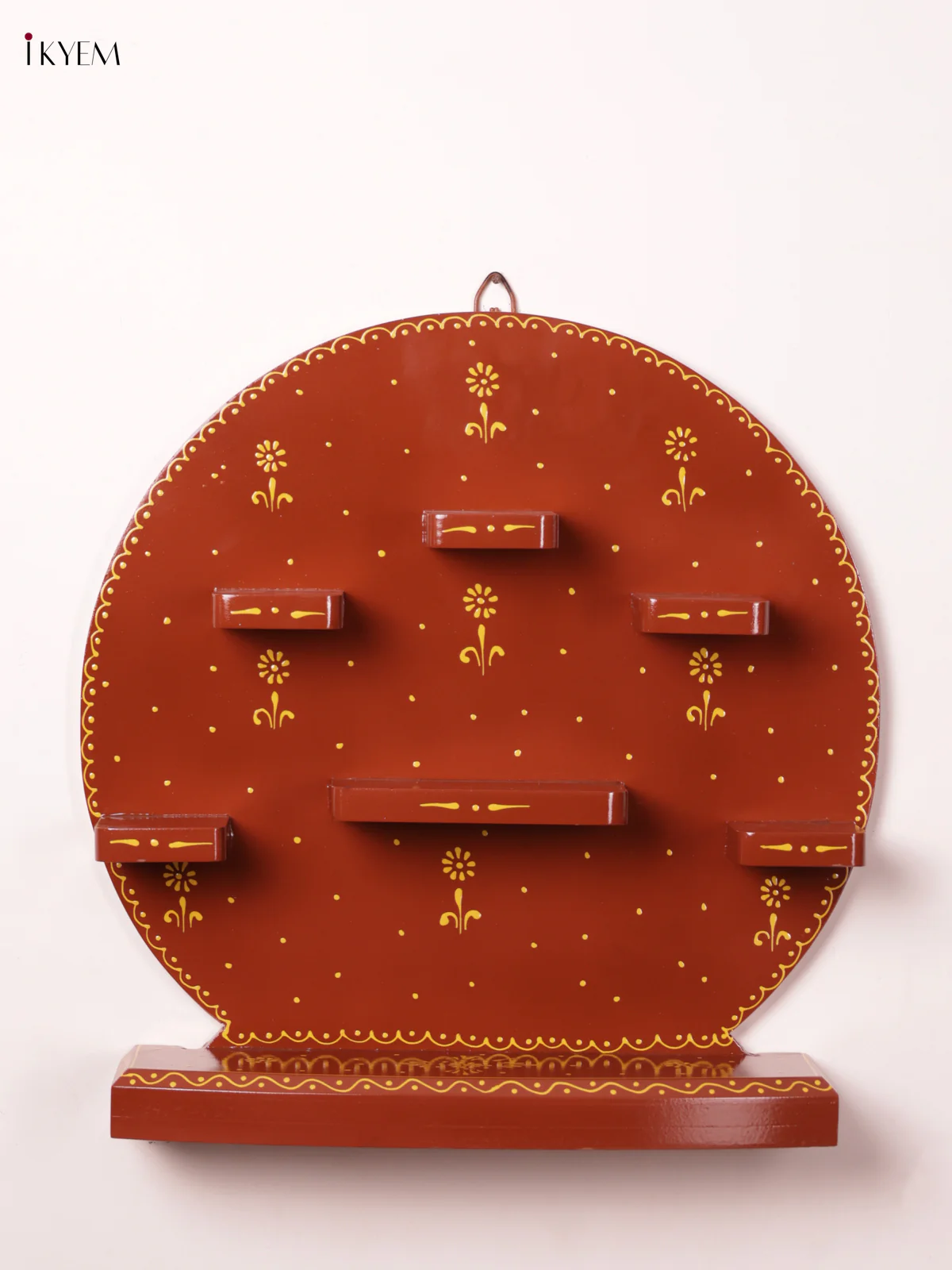 Wooden Hand Painted Round Wall Shelf - 16 Inches - Coffee Brown - KH12119