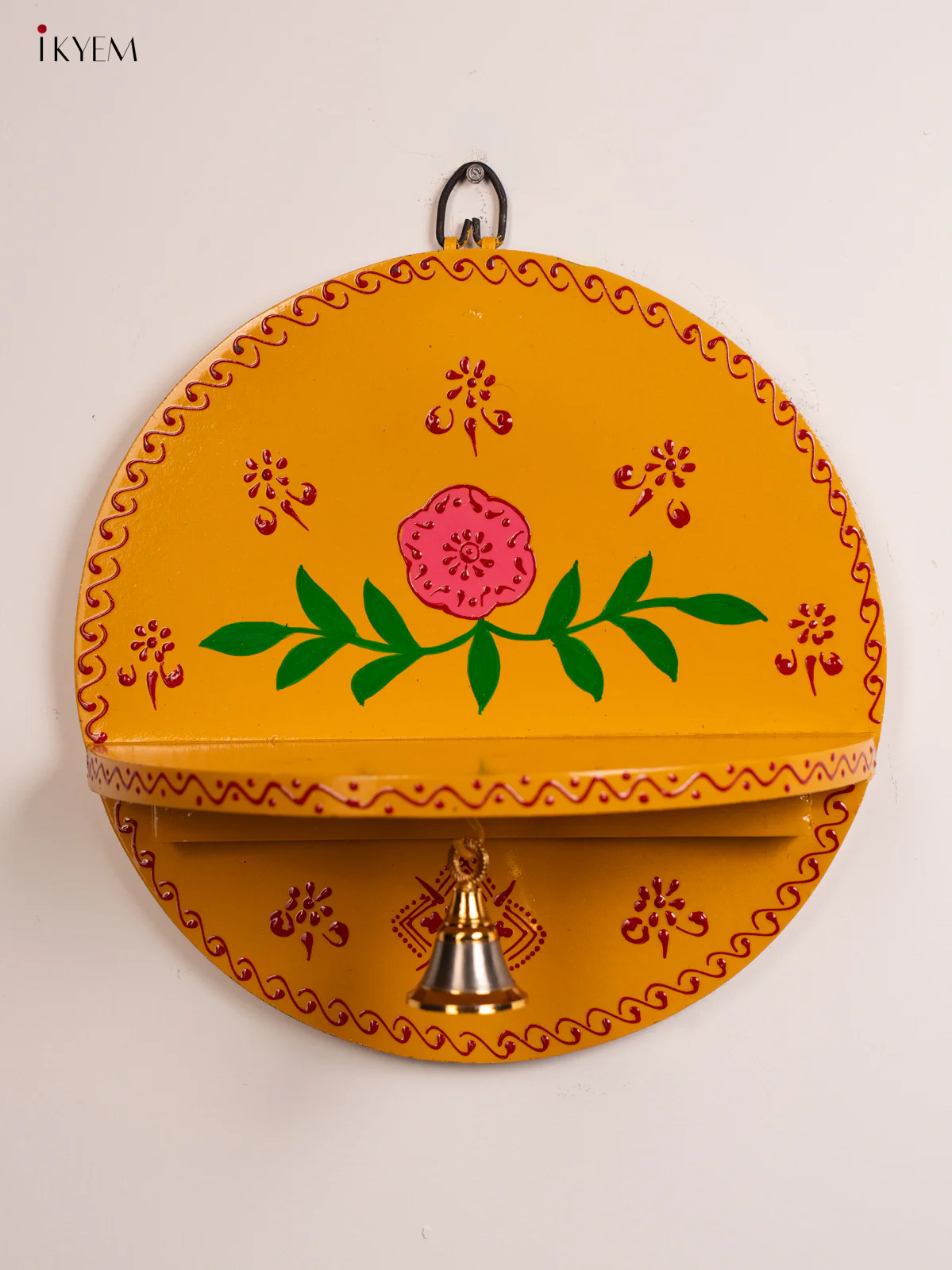 Hand-Painted Wooden Pooja Wall Self with Bell - Yellow - 10 Inches - KH12120