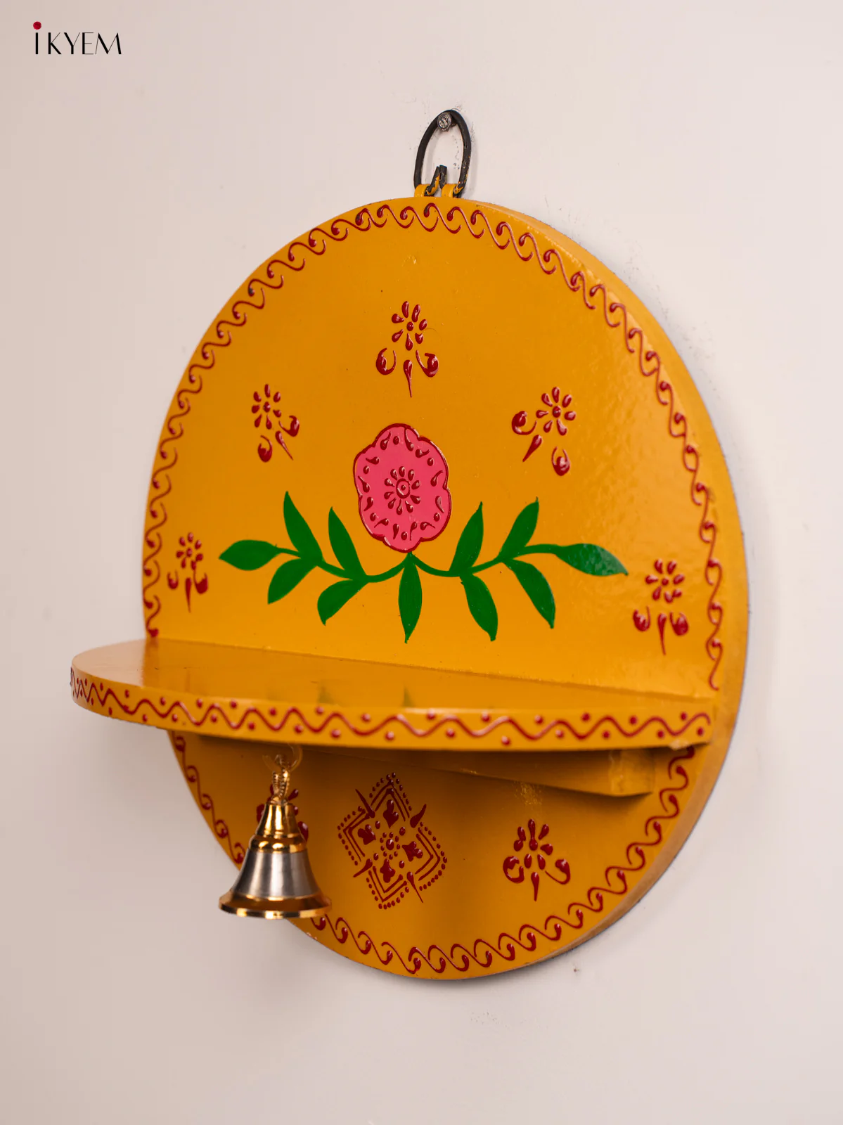 Hand-Painted Wooden Pooja Wall Self with Bell - Yellow - 10 Inches - KH12120 - Image 2