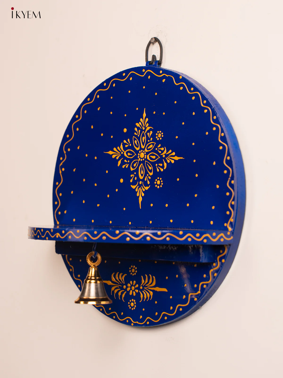 Hand-Painted Wooden Pooja Wall Self with Bell - Blue - 10 Inches - KH12124 - Image 2