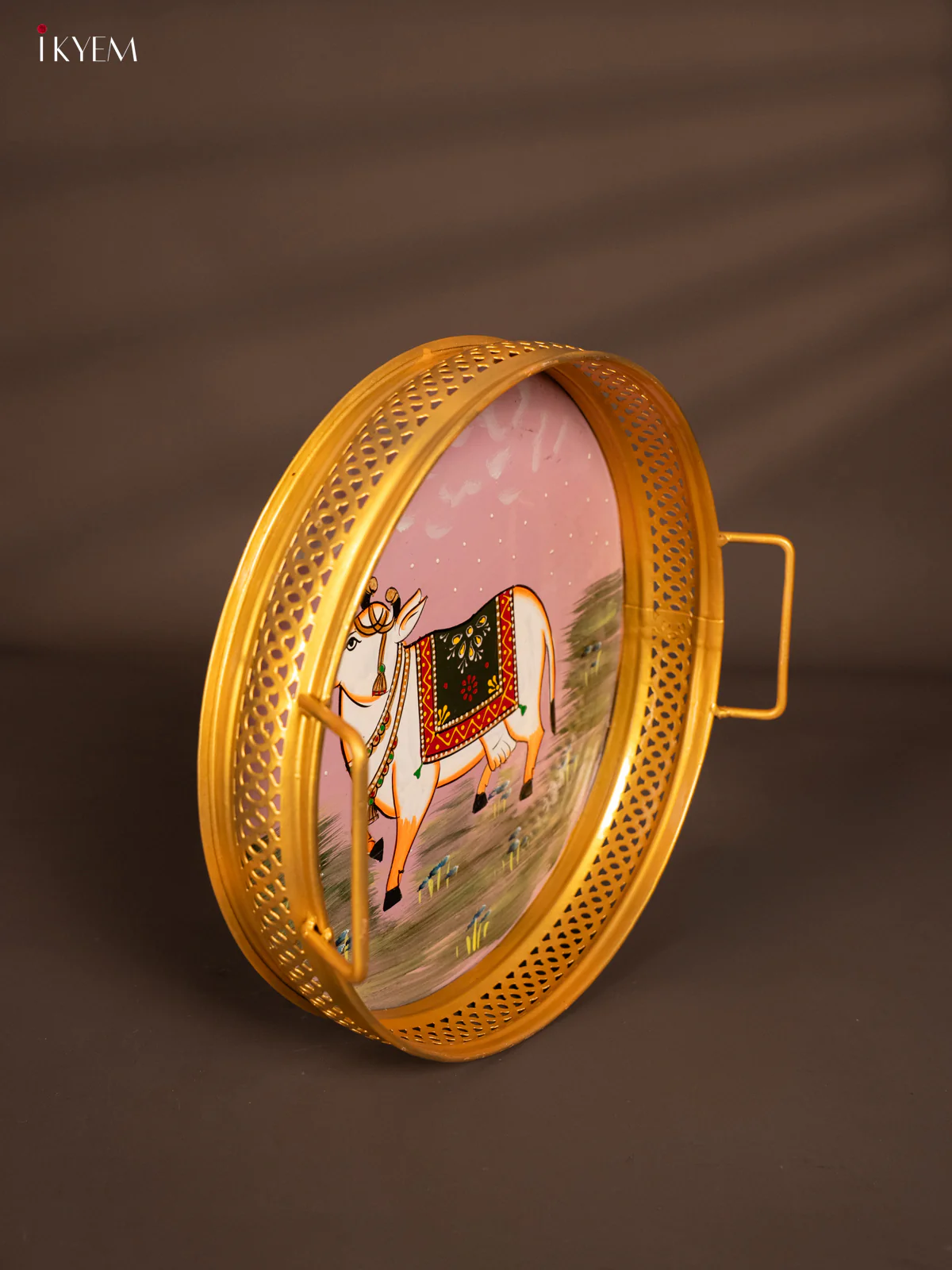 Cow Hand Painted Iron Round Tray - Light Pink - (12x12) Inch - KH12127 - Image 2