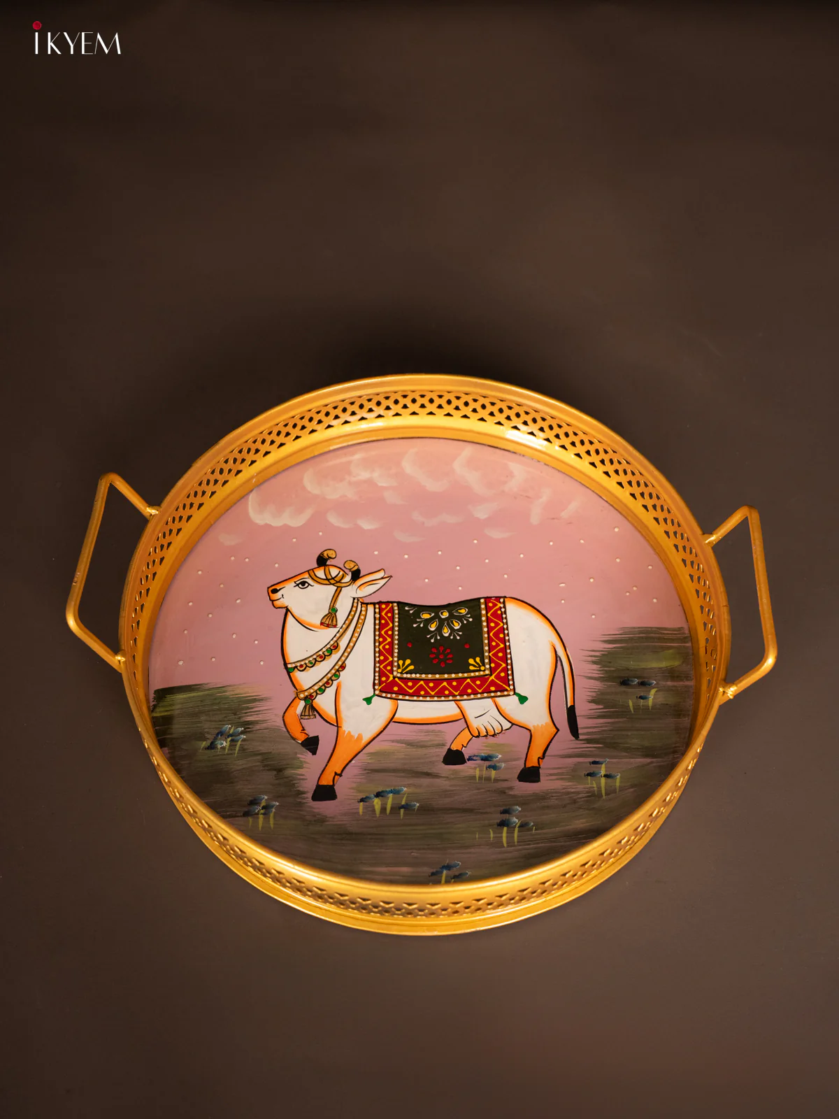 Cow Hand Painted Iron Round Tray - Light Pink - (12x12) Inch - KH12127 - Image 3
