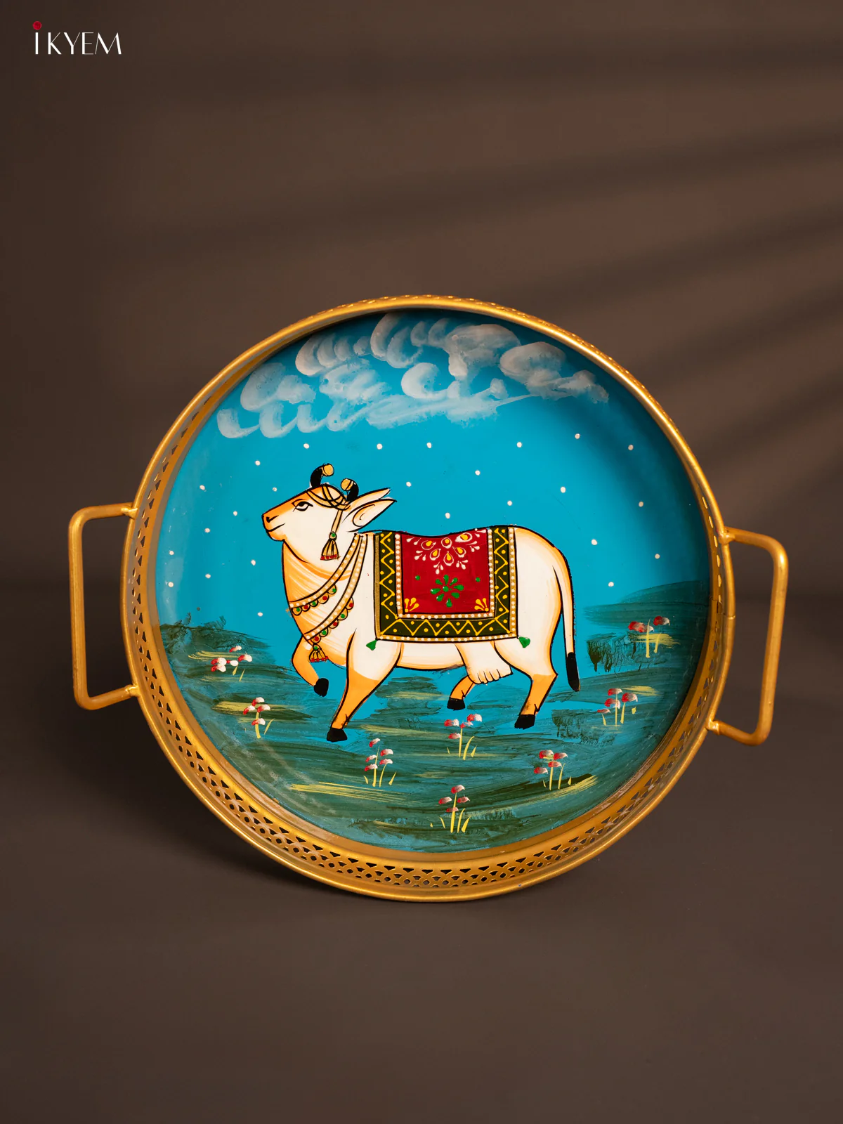 Cow Hand Painted Iron Round Tray - Sky Blue - (12x 12) Inch - KH12129