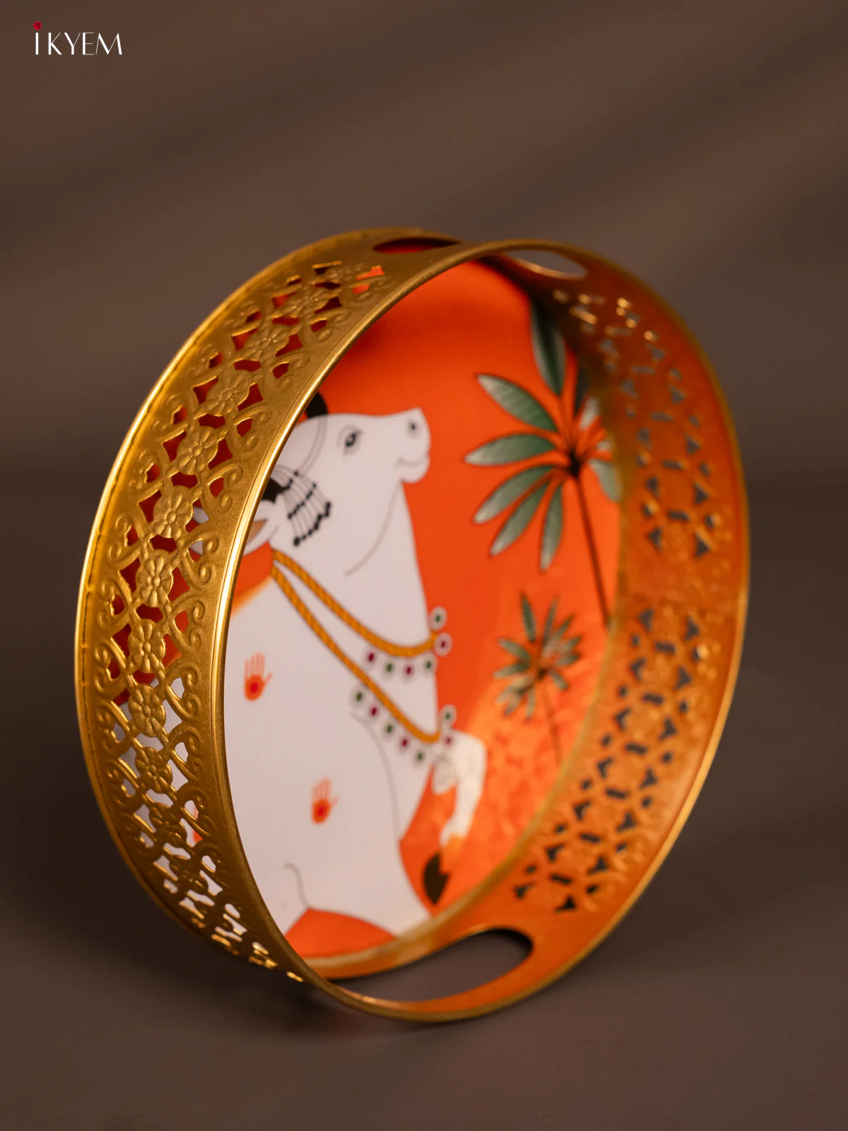 Digital printed Round Metal Tray Cow - Orange - 8 Inches - KH13113 - Image 2