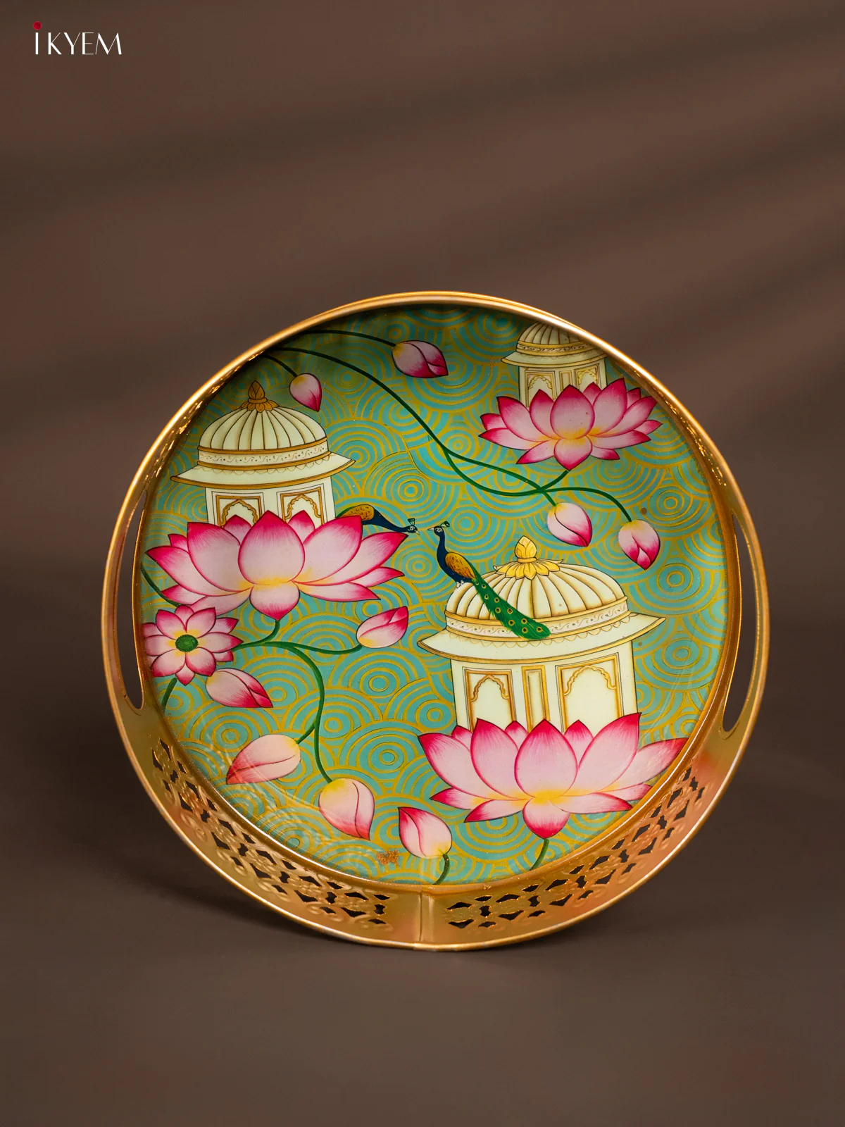 Digital printed Round Metal Tray Peacock & Lotus- Green - 8 Inches - KH13115