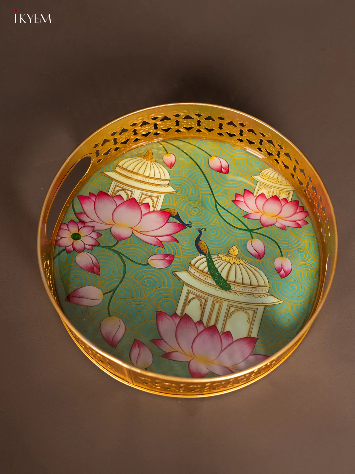 Digital printed Round Metal Tray Peacock & Lotus- Green - 8 Inches - KH13115 - Image 3