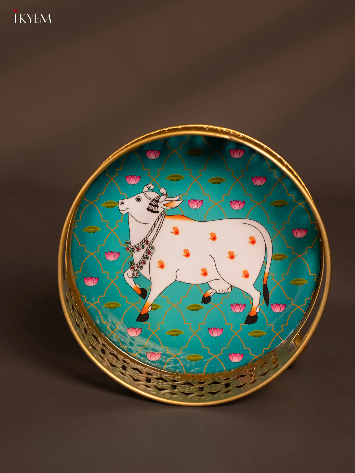 Digital printed Round Metal Tray Cow & Lotus - Teal blue - 6 Inches - KH13119