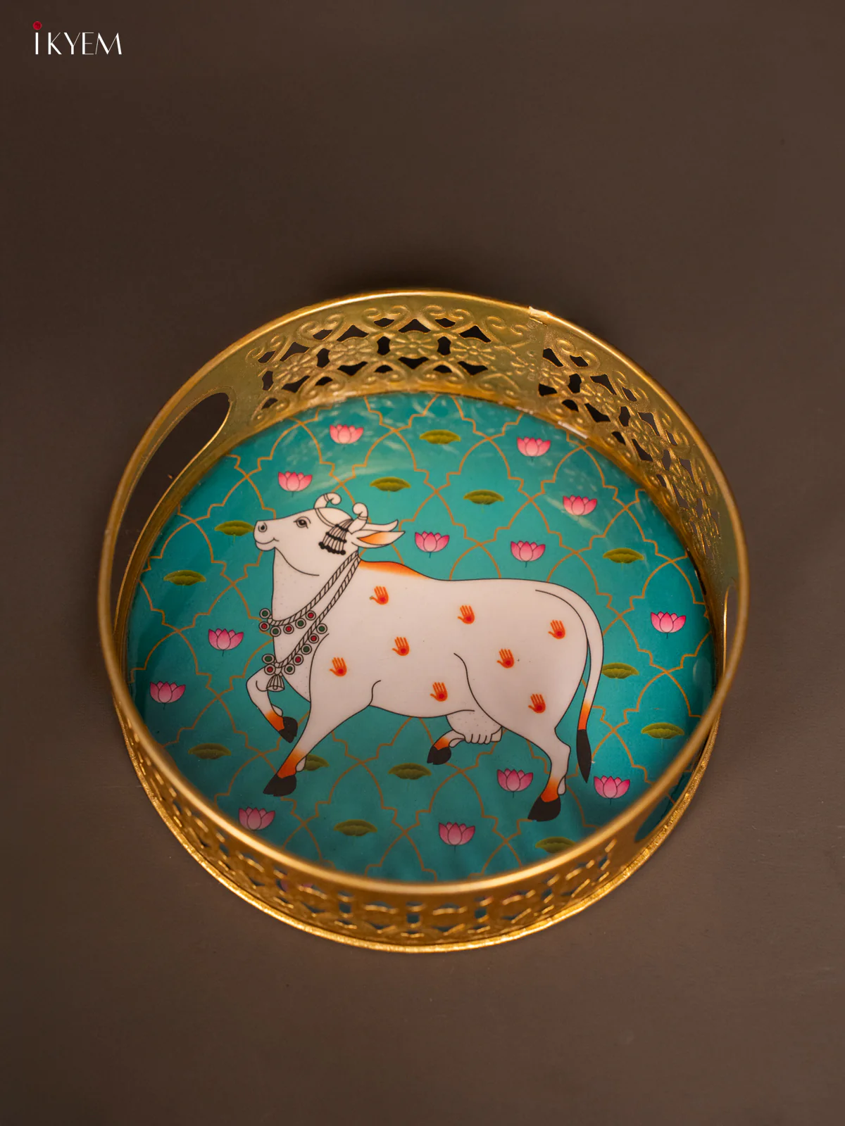 Digital printed Round Metal Tray Cow & Lotus - Teal blue - 6 Inches - KH13119 - Image 3