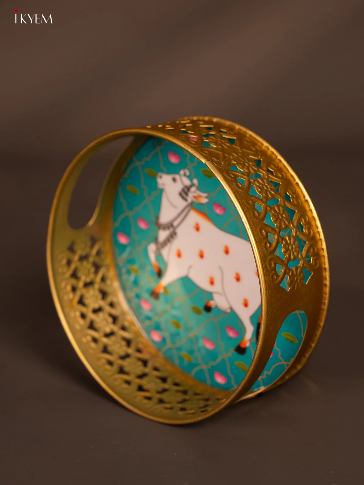 Digital printed Round Metal Tray Cow & Lotus - Teal blue - 6 Inches - KH13119 - Image 4