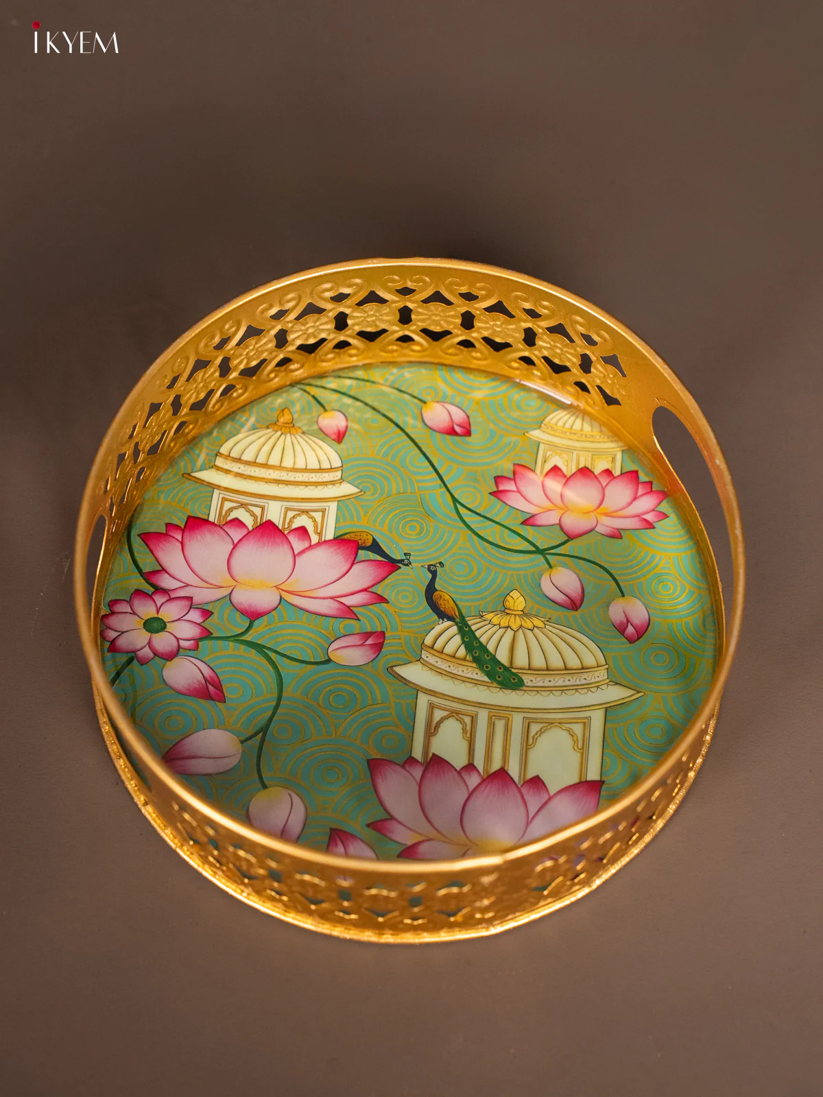 Digital printed Round Metal Tray Peacock & Lotus - Green - 6 Inches - KH13120 - Image 3