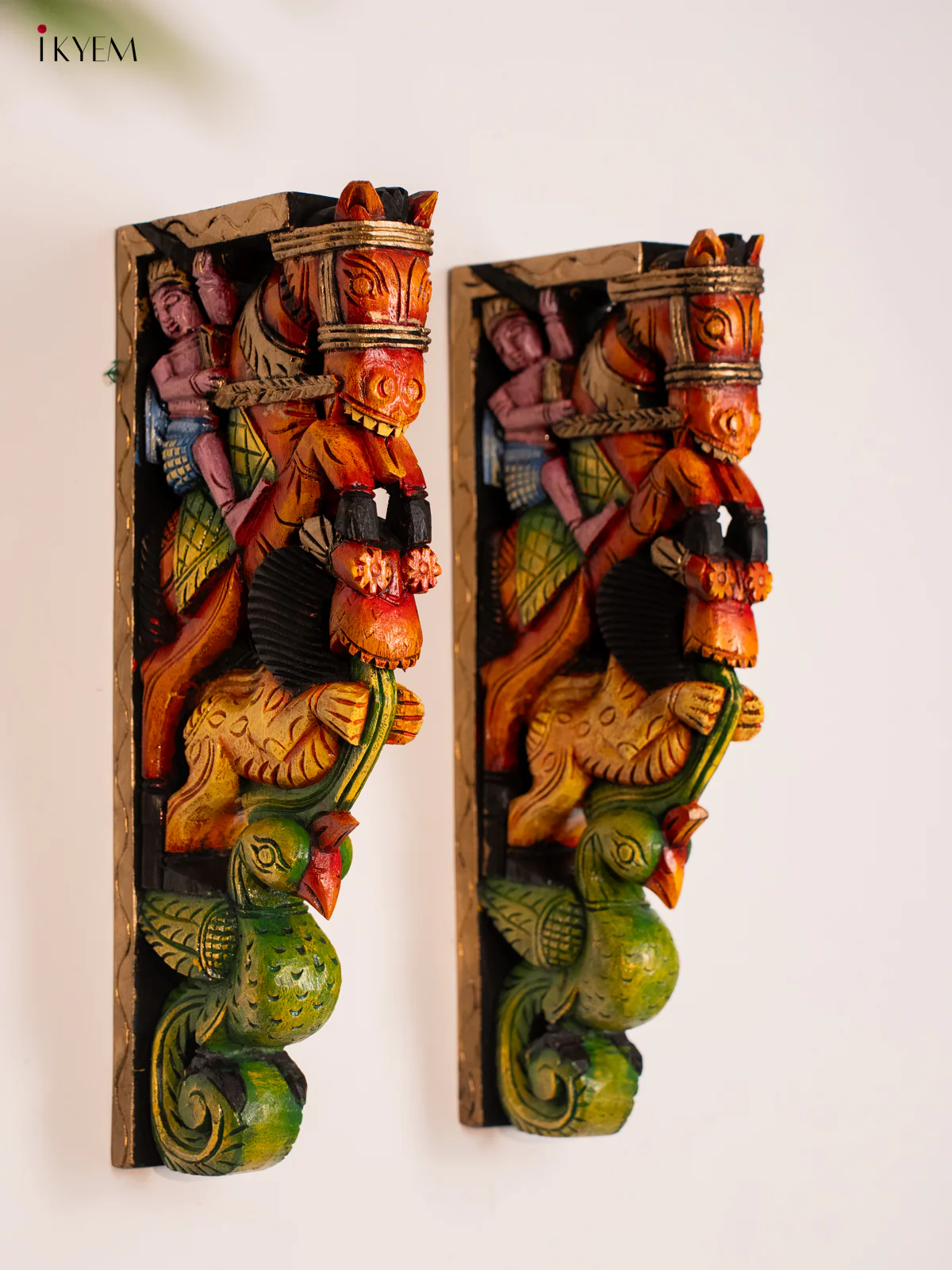 Wooden Hand Painted Carved Wall Bracket set Yali - Horse with parrot - 18 Inches - KH14180