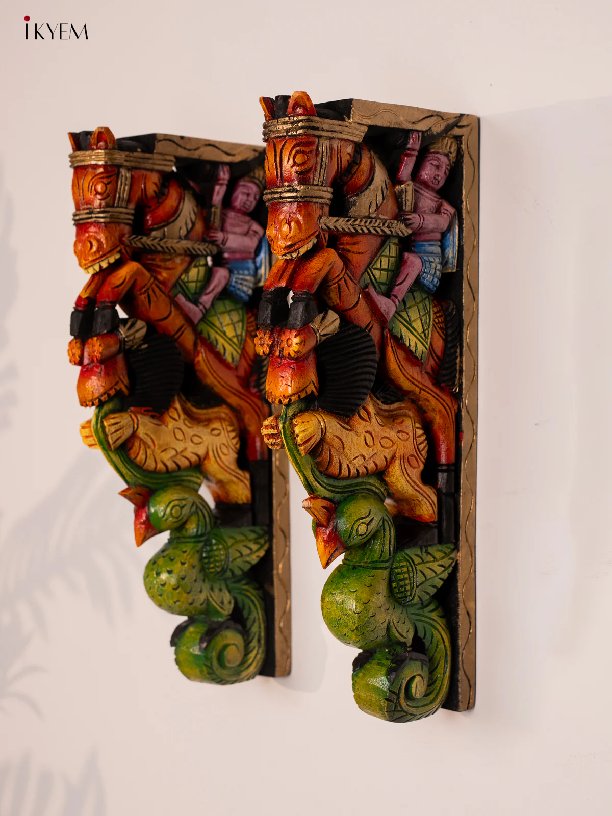 Wooden Hand Painted Carved Wall Bracket set Yali - Horse with parrot - 18 Inches - KH14180 - Image 2