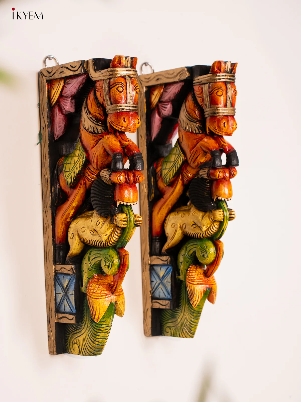 Wooden Hand Painted Carved Wall Bracket set Yali with Horse - 18 Inches - KH14182